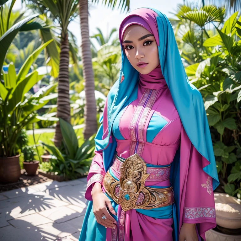 An Indonesian-styled futuristic suit worn by a girl depicting cultural fusion and modern fashion. The suit is adorned with intricate patterns and vibrant colors, showcasing the rich heritage of Indonesia. The girl stands confidently in a dynamic pose, with her detailed eyes reflecting determination and curiosity. The suit's material is a combination of traditional textiles and futuristic synthetic fabrics, giving it a unique and avant-garde appearance. The overall image quality is of the highest standard, with sharp focus and ultra-detailed rendering. The artwork employs physically-based rendering techniques, resulting in realistic lighting and shadows. The colors are vivid and vibrant, capturing the essence of Indonesian cultural aesthetics. The background features a fusion of modern architecture and traditional elements, creating a harmonious blend of the past and the future. The prompt explores the intersection of Indonesian culture, futuristic design, and the artistic representation of a confident girl.red bra, all red, oppai proportions, sexy :8k, 4 k, big breasts!, bottom angle, big breasts!!, Malay beauties, biomechanical oppai, fujita goro and jones, thicc, wearing hijab, hijab star, hijab gorgeous, hijab super model, Malaysian girls group,malay, The whole body consists of a young girl with hijab, Eye makeup, 21yo, Cat ears, Soft lighting, group, Wear shabby clothes, Dirty, Tattered futuristic bikini, Cat's paw badge, Pose, spot color, rendering by octane, Ultra-realistic intricate details, Cinematic, 8K resolution, 70mm, emphasis lighting, Global illumination, (((wearing a Sexy belt design by LV))) Surreal full-body figure, Beautiful and delicate body and face, gorgeous figure, ssmile, Titillating,Surreal full-body figure,Beautiful and detailed body and face, Super vista, White skin of the, vivd colour,🔥8k, (masterpiece), (((highest quality)), (super detailed), 2 girls, (iridescent hair, colorful hair, half blue and half pink hair: 1.2),