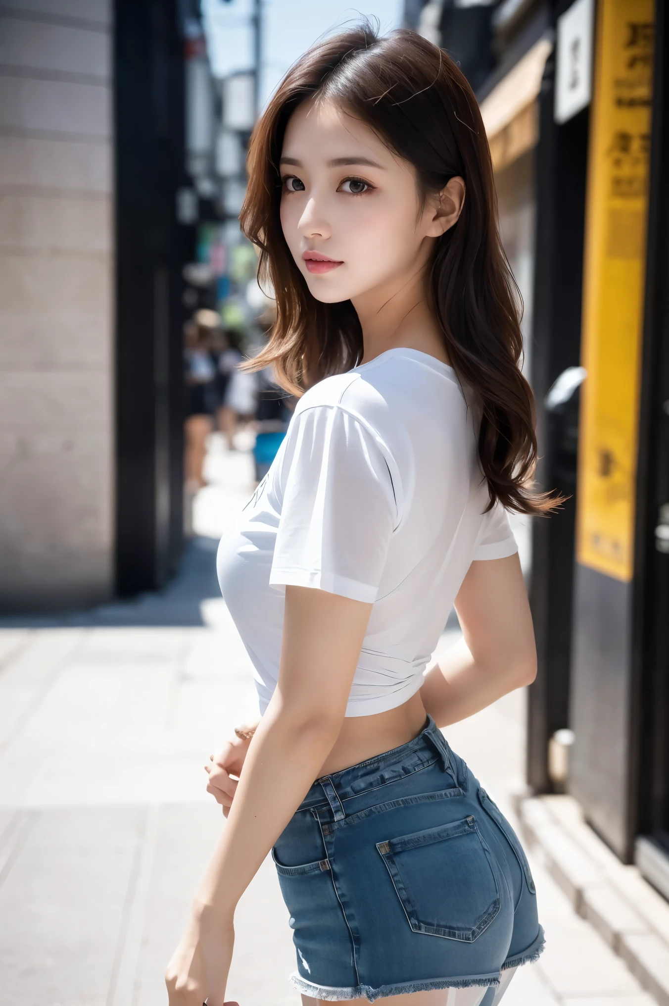 Long wavy brown hair, Place both sides up, A sloppy white T-shirt, Small denim shorts、(Ultra-realistic pantyhose:1.3), And brightly colored sneakers, Casting a Spell, Modern Tokyo, highest quality, masterpiece, 1 girl, whole body, Very kind and beautiful girl, 8k wallpaper, Beautiful detailed sea green eye, Beautiful sparkle, Cinema Lighting