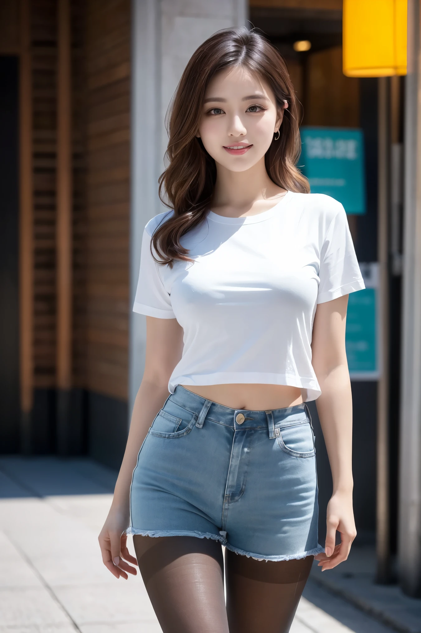 Long wavy brown hair, Place both sides up, A sloppy white T-shirt, Small denim shorts、(Ultra-realistic pantyhose:1.3), And brightly colored sneakers, Casting a Spell, Modern Tokyo, highest quality, masterpiece, 1 girl, whole body, Very kind and beautiful girl, 8k wallpaper, Beautiful detailed sea green eye, Beautiful sparkle, Cinema Lighting