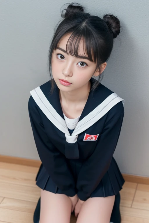 highest quality、Professional Writing、 Detailed workmanship、High resolution、(8k, High resolution:1.2)、(RAW Photos, Realistic:1.3)、masterpiece、Slim figure、High resolutionの顔、The face is in focus、High resolutionの目、(Concentrated, Symmetrical pupils:1.2)、Slim figure、High quality and beautiful skin、Firm Skin、Natural Makeup、Gloss lips, High-definition hair texture、 (Japanese girl)、Unparalleled beauty、17 yea Hair Bun, classroom、(Sailor suit、Black socks、Black Loafers:1.3), (Sit on the floor by the wall:1.3), (Hold your chest tightly with both arms:1.3), very cute, (Very embarrassed:1.3), (blush:1.3), (I am afraid:1.3), Strange facial expression、Look up at the camera:1.2、(Front opening of the shirt:1.2), (Cleavage, Browsing Caution)