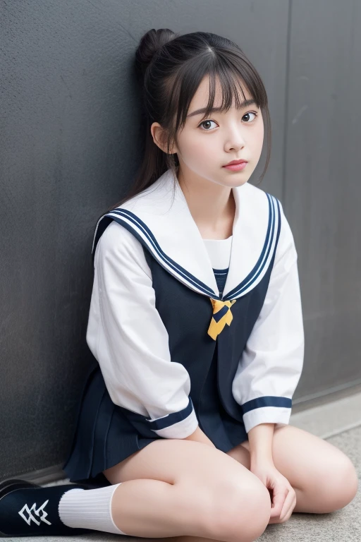 highest quality、Professional Writing、 Detailed workmanship、High resolution、(8k, High resolution:1.2)、(RAW Photos, Realistic:1.3)、masterpiece、Slim figure、High resolutionの顔、The face is in focus、High resolutionの目、(Concentrated, Symmetrical pupils:1.2)、Slim figure、High quality and beautiful skin、Firm Skin、Natural Makeup、Gloss lips, High-definition hair texture、 (Japanese schoolgirl)、Unparalleled beauty、17 years old、cute, Hair Bun, classroom、(Sailor suit、Black socks、Black Loafers:1.3), (Sit on the floor by the wall:1.3), (Hold your chest tightly with both arms:1.3), very cute, (Very embarrassed:1.3), (blush:1.3), (I am afraid:1.3), Strange facial expression、Look up at the camera:1.2、(Front opening of the shirt:1.2), (Cleavage, Browsing Caution)
