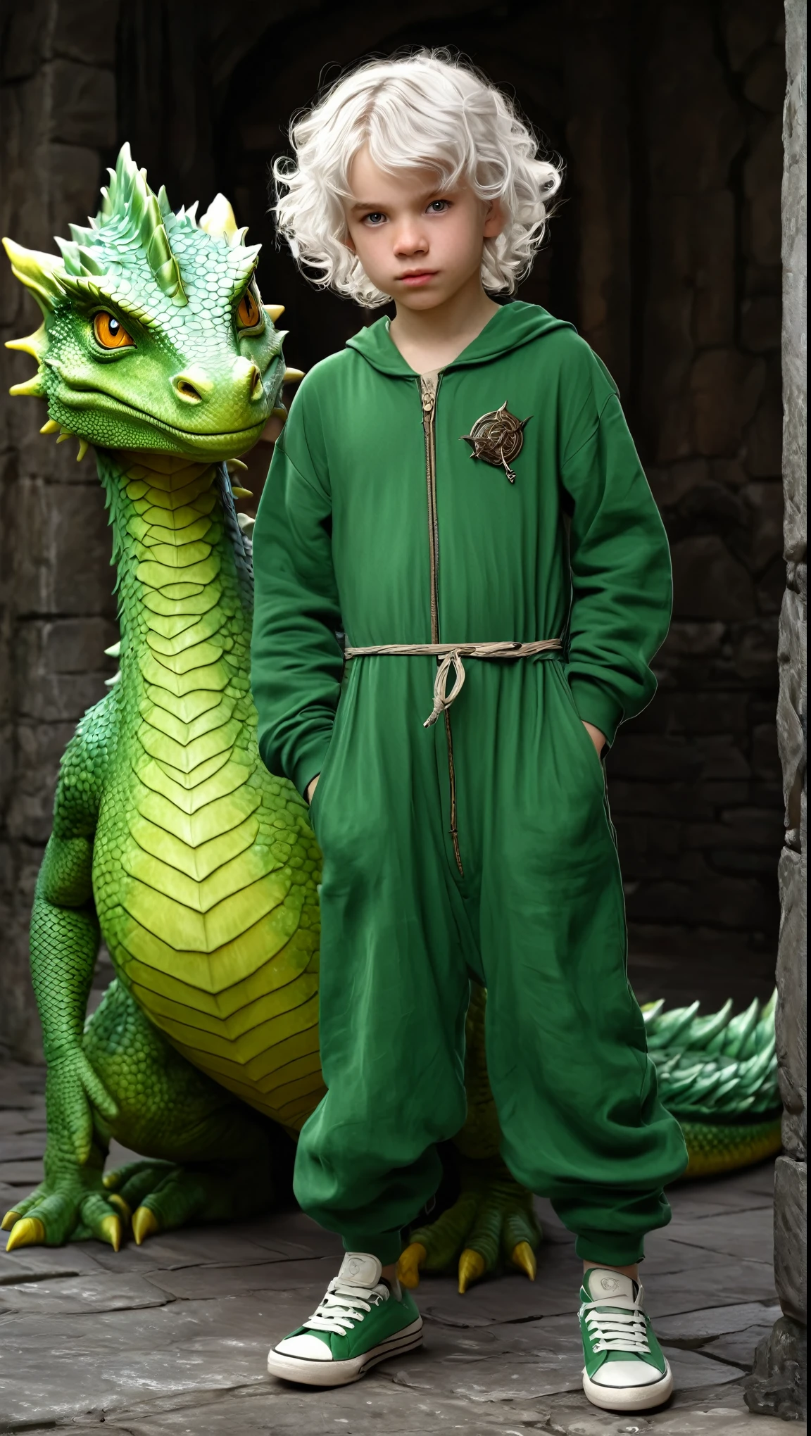 Jeanne-Baptiste Monge, 5 , cute boy, funny, with freckles, a boy with disheveled white hair, curls, big yellow eyes, eyebrows, a house, a snub nose, plump lips with a bow, in a green jumpsuit and sneakers, next to a large green dragon, a book image in the RPG genre, an image from "Dungeons and dragons", fantasy image, book illustration in fantasy style, graphic artist Magali Villeneuve, image of the author in faces, concept art image in fantasy style, realistic illustration in fantasy