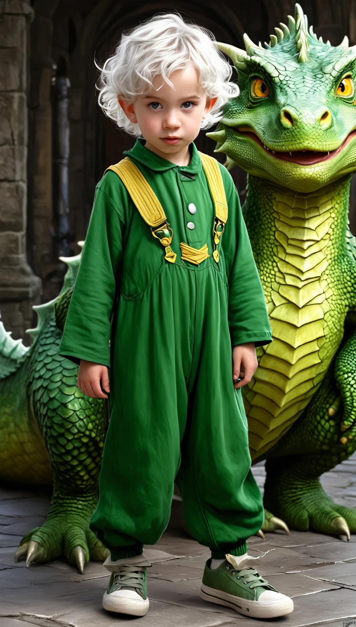 Jeanne-Baptiste Monge, 5 , cute boy, funny, with freckles, a boy with disheveled white hair, curls, big yellow eyes, eyebrows, a house, a snub nose, plump lips with a bow, in a green jumpsuit and sneakers, next to a large green dragon, a book image in the RPG genre, an image from "Dungeons and dragons", fantasy image, book illustration in fantasy style, graphic artist Magali Villeneuve, image of the author in faces, concept art image in fantasy style, realistic illustration in fantasy