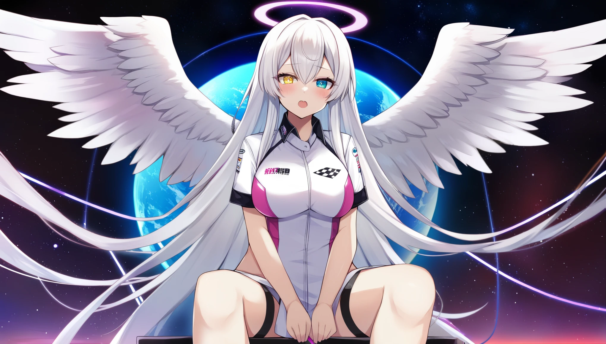 One girl, Sing a song, Race Queen, Mymuro, Suspected habitat, wave hands, Heterochromatic pupil, (Sitting on a neon planet), Cowboy Shot,Great quality, Pushed down, Angel Wings, alone, Long white hair, Winged Bangs, Provocative, Space Background, The contrast between the cables and wires is aesthetically pleasing, Beautiful colors, (Great quality:1.5), masterpiece