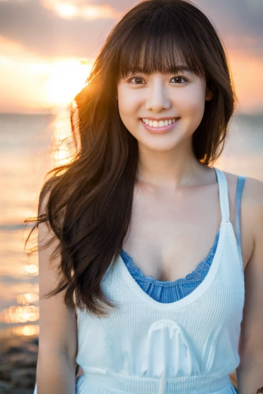 High resolution、Cute 18 year old Japan girl、Tank top、Short length、Blue denim super shorts、The background is the sunset beach、Full body photo、Standing posture,Knee,Telephoto lens camera、Looking at the camera、Large Breasts、White tooth smile、Thick and glossy lips、Kind eyes