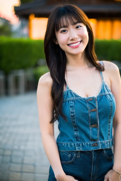 High resolution、Cute 18 year old Japan girl、Tank top、Short length、Blue denim super shorts、The background is the sunset beach、Full body photo、Standing posture,Knee,Telephoto lens camera、Looking at the camera、Large Breasts、White tooth smile、Thick and glossy lips、Kind eyes