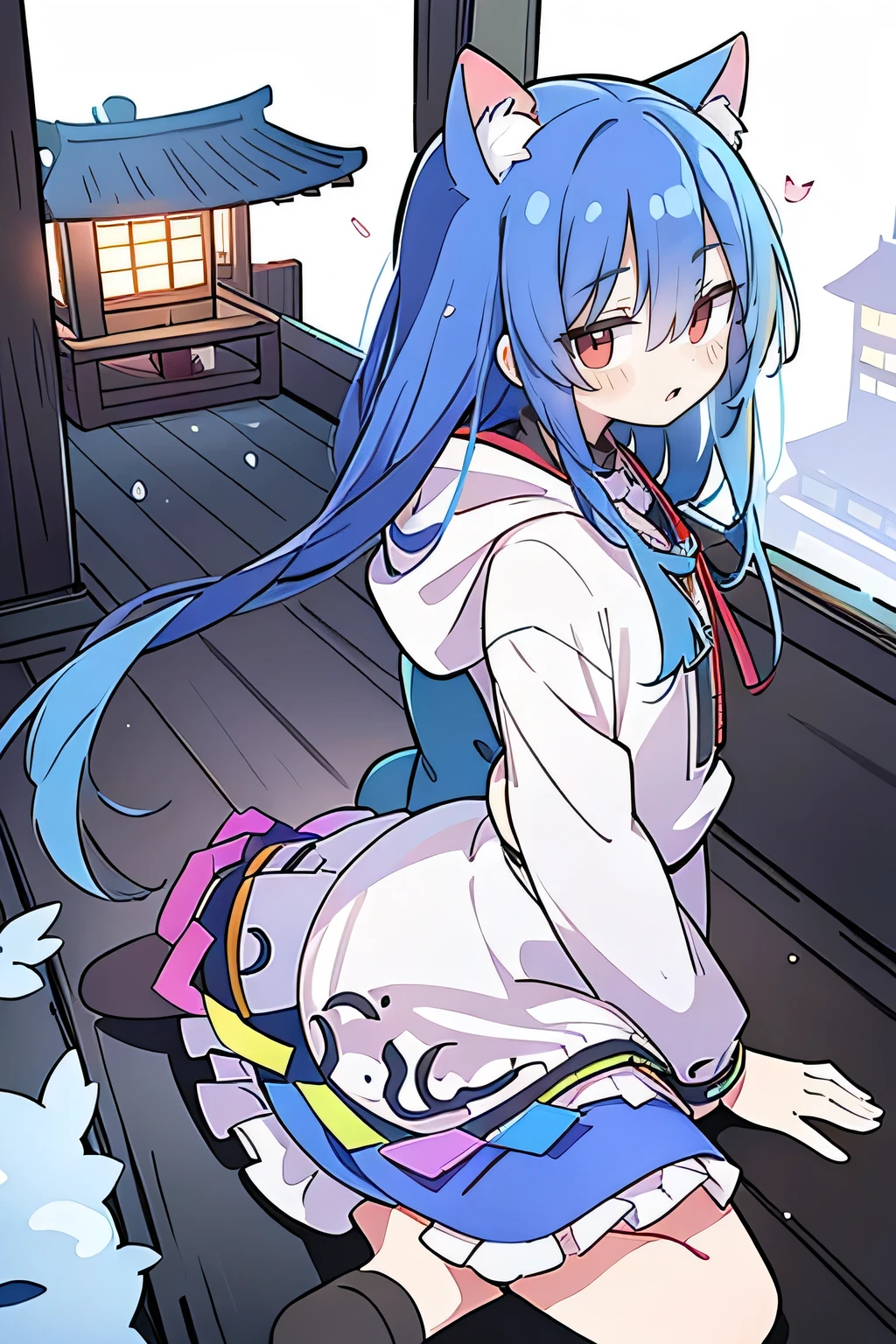 （masterpiece：1.2），Super detailed，lifelike，Expressive eyes，fair skin，perfect face shape，1 girl，
Japanese comics,Gorgeous blue hair,flowing blue hair,flowing clothes,Cat ears,Petals fall,beautiful lola,Baby Angel,
Shaking head with one hand，Cross your legs，Gentle and peaceful background，The pavilion is cool and comfortable,smile, wearing hoodie, background of tokyo,back views,snowing, winter.