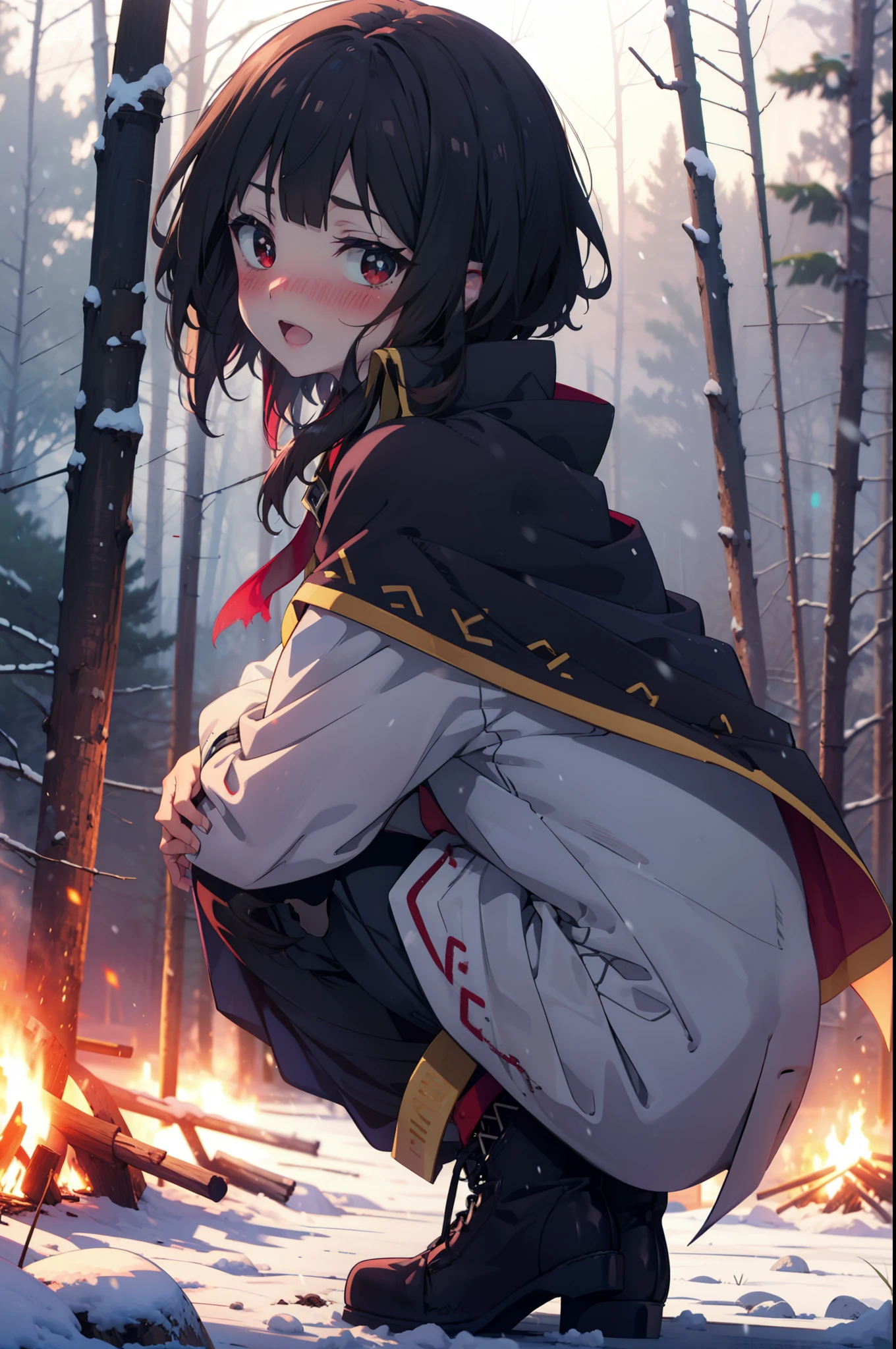 konosubaMegumin, Megumin, short hair, Black Hair, (Red eyes:1.3), short hair with long locks,happy smile,blush,White Breath,
Open your mouth,snow,A bonfire on the ground, Outdoor, boots, snowing, From the side, wood, suitcase, Cape, Blurred, Increase your meals, forest, White handbag, nature, Squat, Mouth closed, フードed Cape, winter, Written boundary depth, Black shoes, red Cape break looking at viewer, Upper Body, whole body, break Outdoor, forest, nature, break (masterpiece:1.2), highest quality, High resolution, unity 8k wallpaper, (shape:0.8), (Beautiful and beautiful eyes:1.6), Highly detailed face, Perfect lighting, Highly detailed CG, (Perfect hands, Perfect Anatomy),
