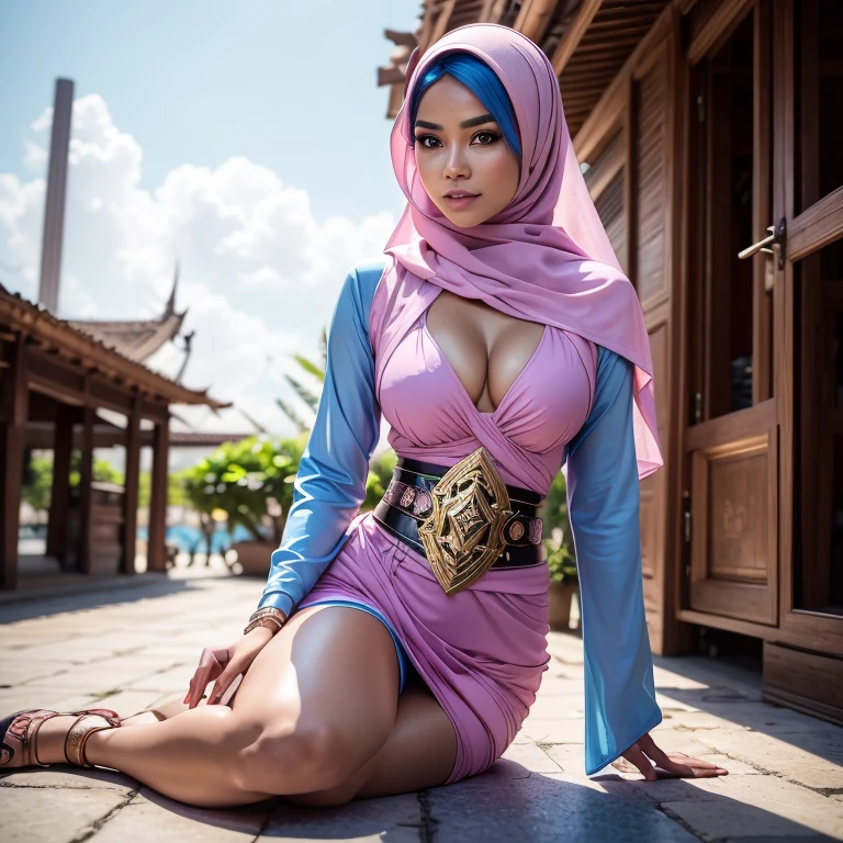 An Indonesian-styled futuristic suit worn by a girl depicting cultural fusion and modern fashion. The suit is adorned with intricate patterns and vibrant colors, showcasing the rich heritage of Indonesia. The girl stands confidently in a dynamic pose, with her detailed eyes reflecting determination and curiosity. The suit's material is a combination of traditional textiles and futuristic synthetic fabrics, giving it a unique and avant-garde appearance. The overall image quality is of the highest standard, with sharp focus and ultra-detailed rendering. The artwork employs physically-based rendering techniques, resulting in realistic lighting and shadows. The colors are vivid and vibrant, capturing the essence of Indonesian cultural aesthetics. The background features a fusion of modern architecture and traditional elements, creating a harmonious blend of the past and the future. The prompt explores the intersection of Indonesian culture, futuristic design, and the artistic representation of a confident girl.red bra, all red, oppai proportions, sexy :8k, 4 k, big breasts!, bottom angle, big breasts!!, Malay beauties, biomechanical oppai, fujita goro and jones, thicc, wearing hijab, hijab star, hijab gorgeous, hijab super model, Malaysian girls group,malay, The whole body consists of a young girl with hijab, Eye makeup, 21yo, Cat ears, Soft lighting, group, Wear shabby clothes, Dirty, Tattered futuristic bikini, Cat's paw badge, Pose, spot color, rendering by octane, Ultra-realistic intricate details, Cinematic, 8K resolution, 70mm, emphasis lighting, Global illumination, (((wearing a Sexy belt design by LV))) Surreal full-body figure, Beautiful and delicate body and face, gorgeous figure, ssmile, Titillating,Surreal full-body figure,Beautiful and detailed body and face, Super vista, White skin of the, vivd colour,🔥8k, (masterpiece), (((highest quality)), (super detailed), 2 girls, (iridescent hair, colorful hair, half blue and half pink hair: 1.2),