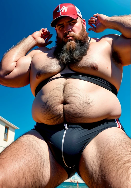 (view from below),dynamic angle,ultra-detalhado, illustration, ), Only huge plump morbid thighs extremely thick. He is bald and has a long beard with some gray hairs.. Ele veste camiseta regata de time de basquete. Homem mostrando seu corpo usando apenas sunga de praia . He's not wearing a shirt. ( Ultra realistic eye pupil and iris, detalhado. ) Paradisiacal beach scenery. He wears sports glasses. He wears prescription glasses. Wear aviator glasses. he's running.