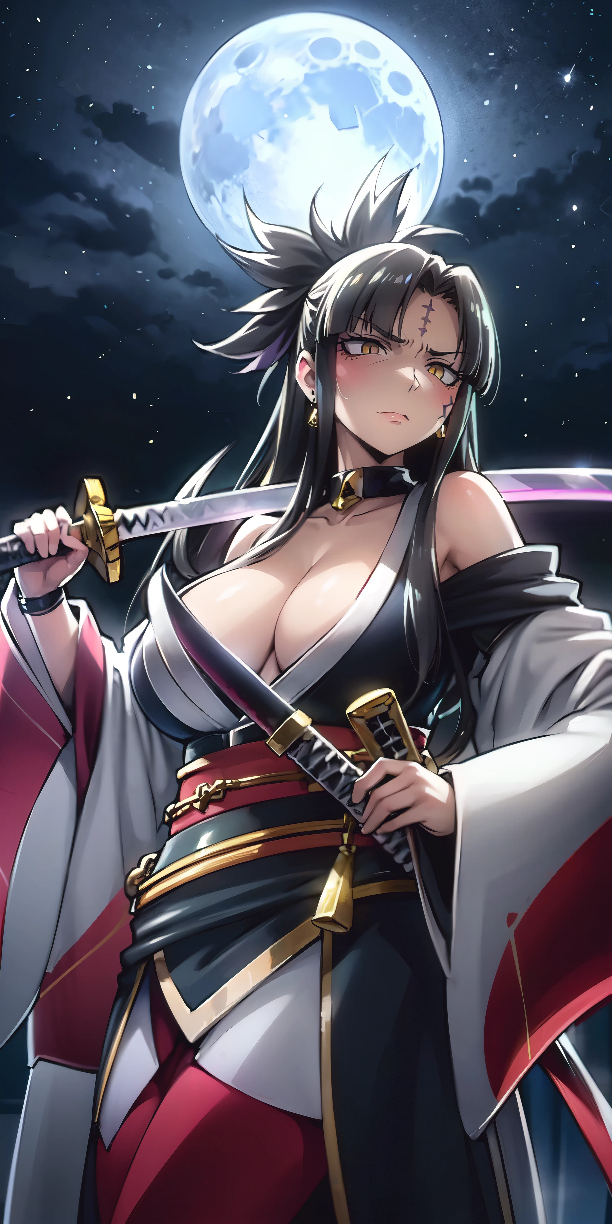 (long hair:1.3), (black hair:1.3), forehead, forehead mark, anatomically correct, heavy breathing, huge breasts, night, sword, weapon, 1girl, katana, night_sky, solo, japanese_clothes, sky, breasts, large_breasts, cleavage, wide_sleeves, sheath, earrings, star_(sky), over_shoulder, looking_at_viewer, detached_sleeves, moonlight, outdoors , michiko_tanaka_mahoushoujoniakogarete,michiko tanaka, (shaded face:1.2), hollow eyes, yellow eyes, looking at viewer, (heavy breathing:1.2), expressionless, glaring eyes, forehead mark, makeup, (anime coloring, anime screencap)