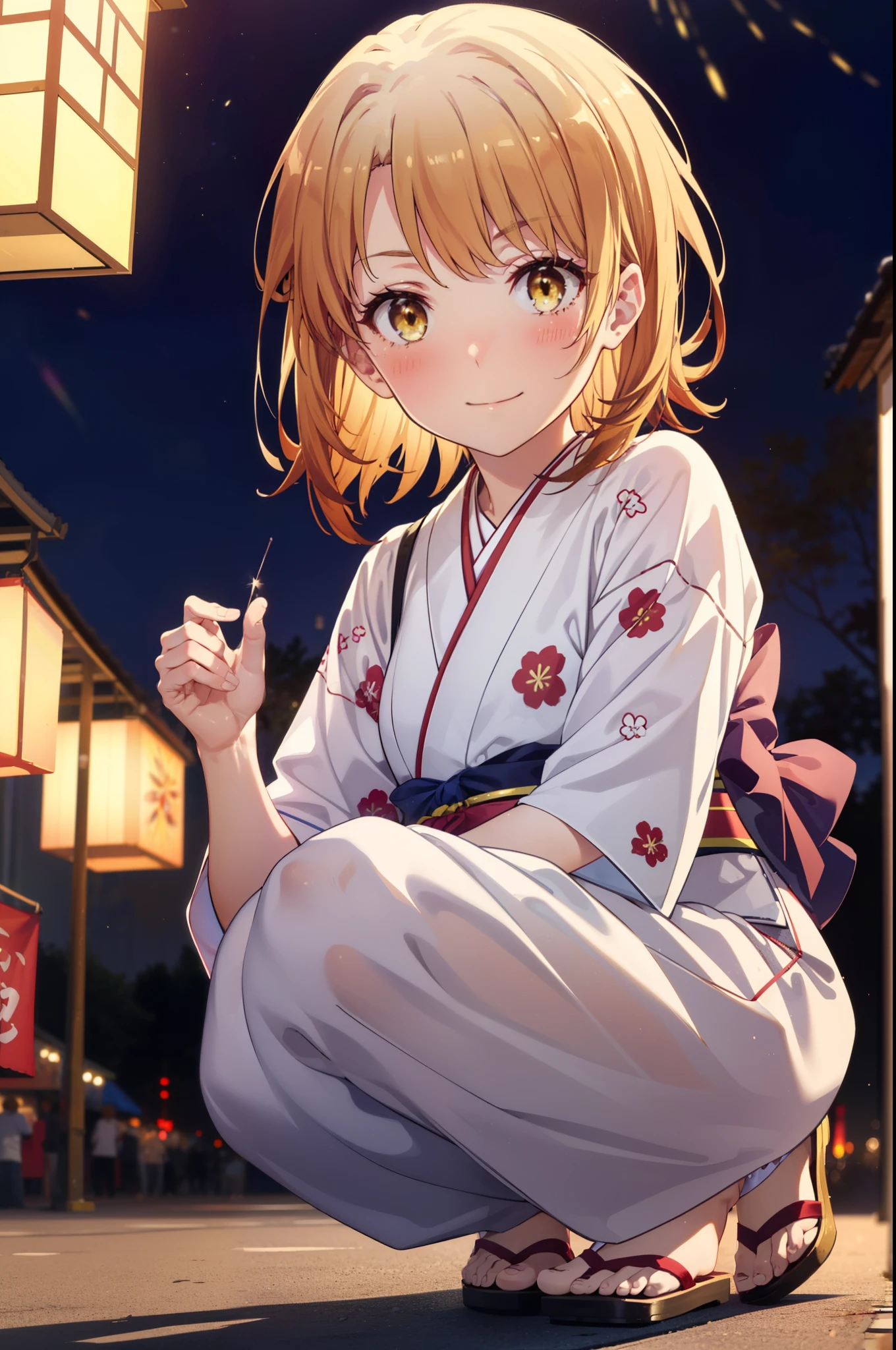 irohaisshiki, Iroha Isshiki, Long Hair, Brown Hair, (Brown eyes:1.5), smile,Yellow kimono,Thick sleeves,White tabi,Sandals,日本のFestivalり,夏Festivalりの屋台,Red lantern,Fireworks in the night sky、Fireworks,The place is a fireworks display,Time is night,sunny day,whole bodyがイラストに入るように,歩いている
break outdoors, Festival,
break looking at viewer,whole body,
break (masterpiece:1.2), highest quality, High resolution, unity 8k wallpaper, (figure:0.8), (Beautiful fine details:1.6), Highly detailed face, Perfect lighting, Highly detailed CG, (Perfect hands, Perfect Anatomy),