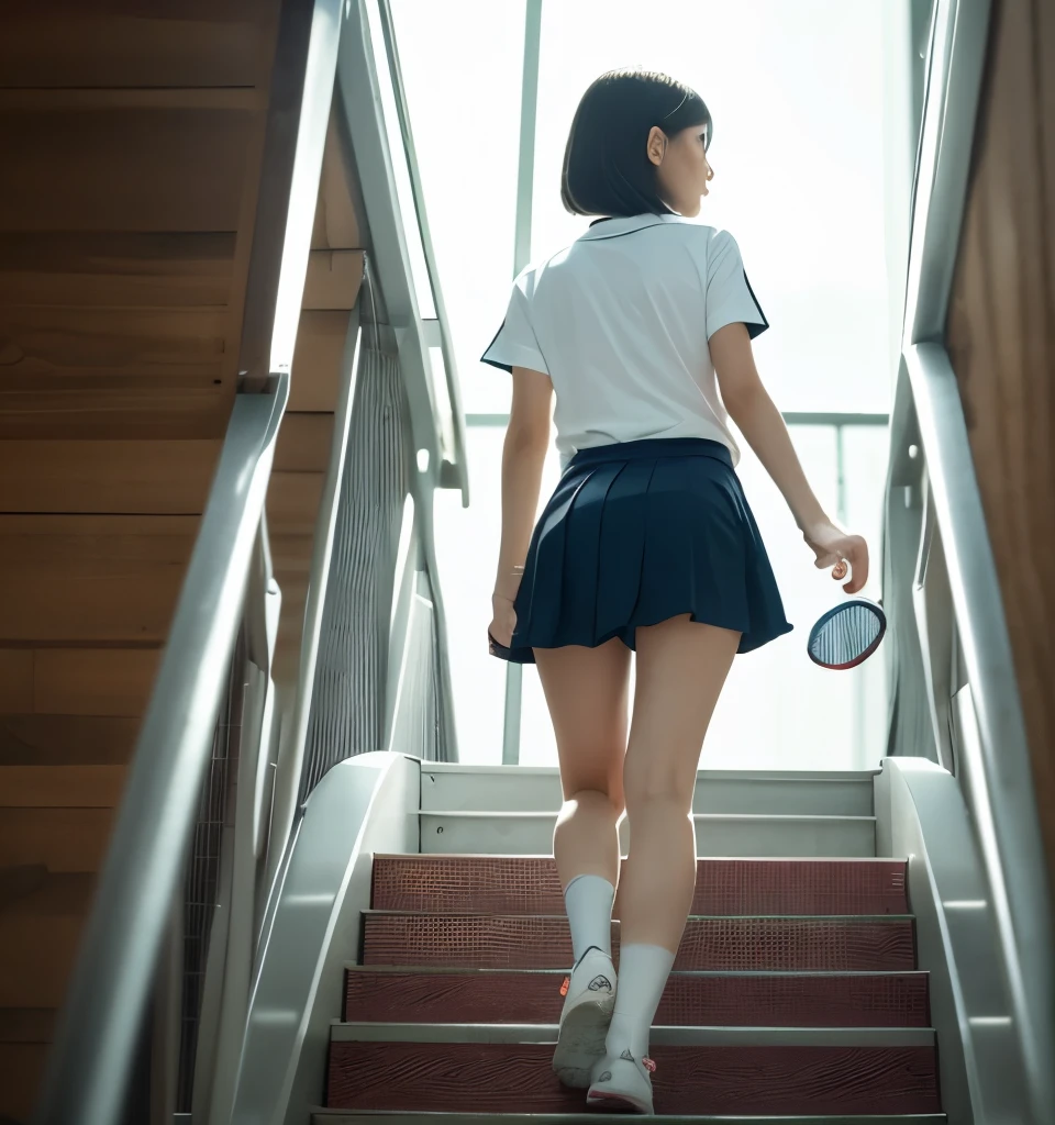 Tabletop, highest quality, figure, Very detailed, In detail, High resolution, 8k wallpaper, Perfect dynamic composition, skirt, skirt fluttering in the wind, Very Short Bob Cut, Natural color lip, Sexy back view, Beautiful feet, Take a picture of the inside of the skirt from below, White pants, Back view photo, Take the escalator, Tennis uniform、slouch