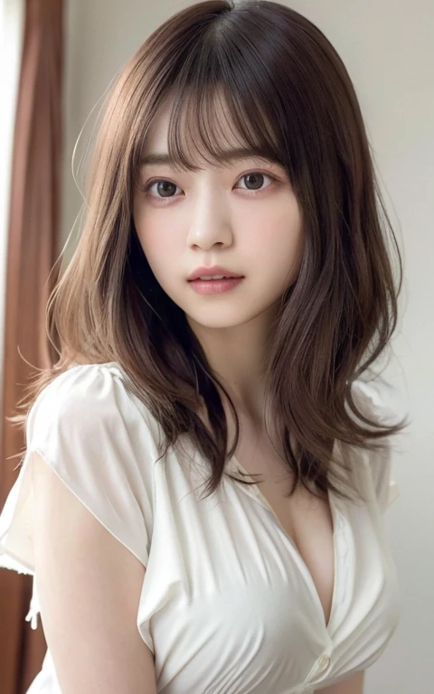 masterpiece, highest quality, 8k,Ultra-high resolution、Head to knee photo、 20th Generation, Large Breasts, cute, alone, sad, cute, Girlish, cute、Delicate girl, Pure beauty, RAW Photos, Professional photography, Soft Light, Professional Lighting, Backlight, avert your eyes, Sophisticated, Film Grain, (Eyes and facial details:1.0), Floating hair、Messy Hair、Wavy long hair、,Asymmetrical bangs, Round face、Young face、(A loose white see-through blouse)、(Large Breasts:1.4)、You can see a little cleavage、The nipple protrusions are clearly visible、(Micro Mini Skirt(Sheer Color))、Voluptuous thighs、Translucent white skin、Dolly Makeup、(Odd Eye、The left and right eyes are different colors)