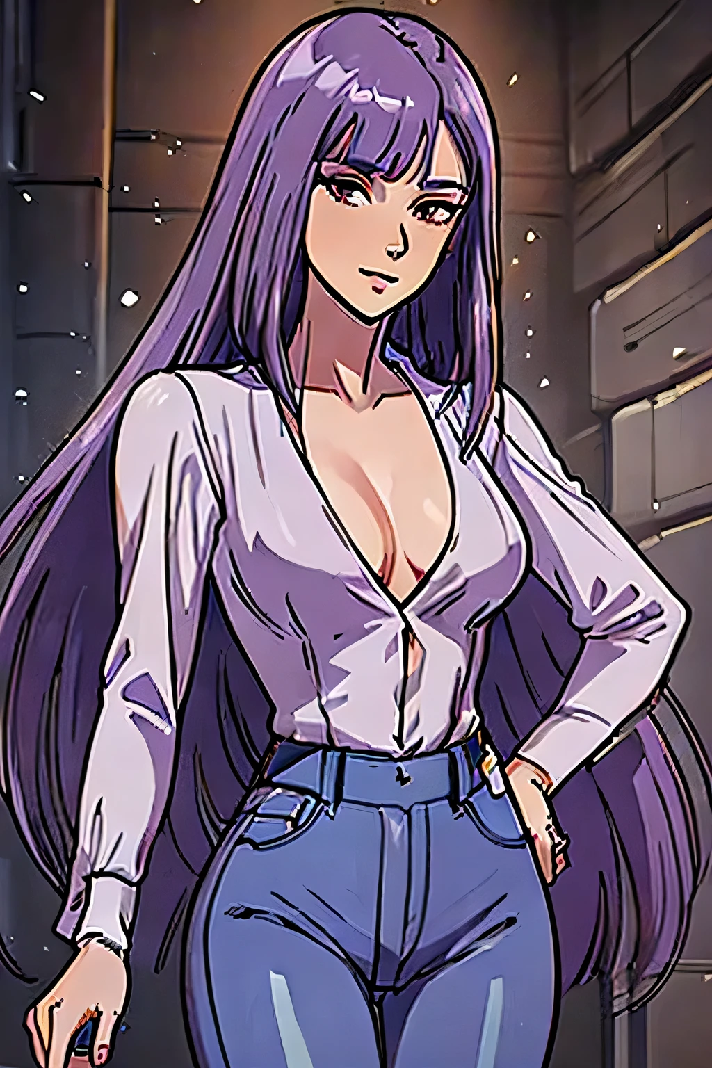 ((Masterpiece)) ((high resolution, sharp lines)) ((Portrait)) ((Young Woman)) ((Beautiful)) (((medium Breasts))) ((purple Hair)) ((Long Hair)) ((brown Eyes)) ((Pale Skin)) ((Tight Jeans)) ((v neck blouse)) ((Full lips)) ((hooked nose)), smirking, hand on hip, ((sexy)) detailed hands, detailed eyes 