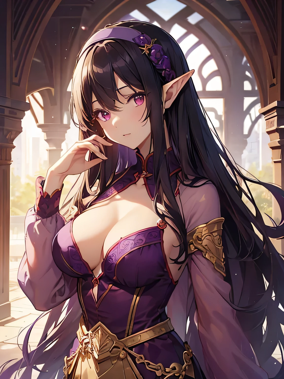 
highest quality、Very delicate and beautiful、Soio、Soio、Elf Woman、Black Hair、Early 20s、((Brown Skin))、(Red eyes)、Red Hairband、Nice body、Beautiful breasts、(((Purple clothes)))、The chest is visible、Valley、Are standing
