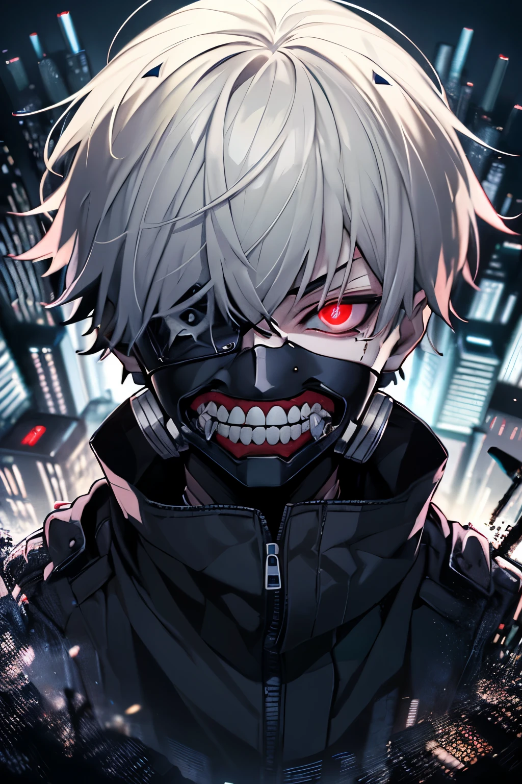 8k, anime, portrait, best quality, ultra high res, ultra detailed, high contrast color tone, extremely detailed lighting, cinematic lighting, soft lights, (masterpiece, high quality:1.4), (kaneki ken, white hair, red and black eye, mask | teeth, blood eyes, black jacket, blood, ((full body)), (dynamic pose), black background, thrilling, (fierce face)