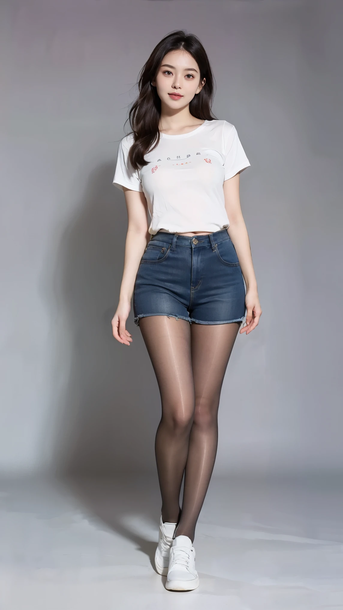 ulzzang-6500-v1.1, (Raw photo:1.2), (Photorealistic), (See-through:1.3), (Genuine:1.4), ((Full Body Shot:1.6))、Long wavy silver hair, Place both sides up, A sloppy white T-shirt, Denim shorts、Body-hugging shorts、(Ultra-realistic pantyhose:1.3), (And colorful fluorescent sneakers), Casting a Spell, Modern Tokyo, highest quality, masterpiece, 1 girl, Full Body Shot, Very kind and beautiful girl,  Beautiful sparkle, Huge file sizes, High resolution, Very detailed, highest quality, [masterpiece:1.6], An illustration, Very detailed, Ticker, Fine details, highest quality, 8k wallpaper, Cinema Lighting, Cute droopy eyes Beautiful big eyes、Pieck Finger, ((Mastepiece)), Best Quality, 1 Girl, Eyeshadow, Realistic skin texture、Shiny skin、Bare thighs!!! , Makeup、
