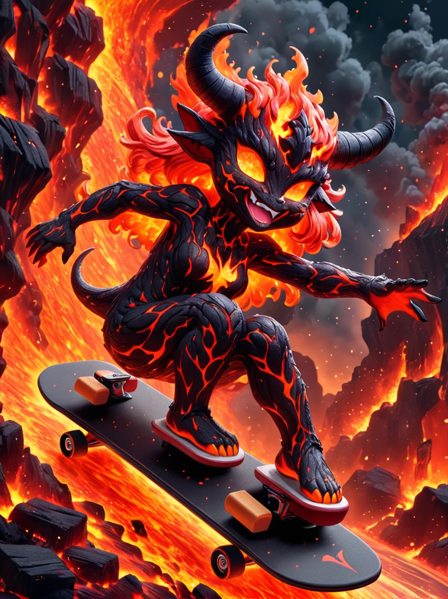 1girl, demon whose body is made of lava, With menacing horns and crimson lava skin, strike a playful pose, Standing on a skateboard, (one eye Close:1.6), Red Eyes, Pouting cute little mouth, Swirling tendrils of smoke leave behind them, proudly, (Volcanic magma background), (The Abyss of Hell), Cartoon Style, full-body shot, Created with C4D and Blender, Blind box toy styles, precise, Super Detail, Anatomically correct, masterpiece