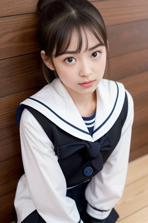 highest quality、Professional Writing、 Detailed workmanship、High resolution、(8k, High resolution:1.2)、(RAW Photos, Realistic:1.3)、masterpiece、Slim figure、High resolutionの顔、The face is in focus、High resolutionの目、(Concentrated, Symmetrical pupils:1.2)、Slim figure、High quality and beautiful skin、Firm Skin、Natural Makeup、Gloss lips, High-definition hair texture、 (Japanese schoolgirl)、Unparalleled beauty、、cute, Hair Bun, classroom、(Sailor suit、Black socks、Black Loafers:1.3), (Sit on the floor by the wall:1.3), (Hold your chest tightly with both arms:1.3), very cute, (Very embarrassed:1.3), (blush:1.3), (I am afraid:1.3), Strange facial expression、Look up at the camera:1.2、(Front opening of the shirt:1.2), (Cleavage, Browsing Caution)