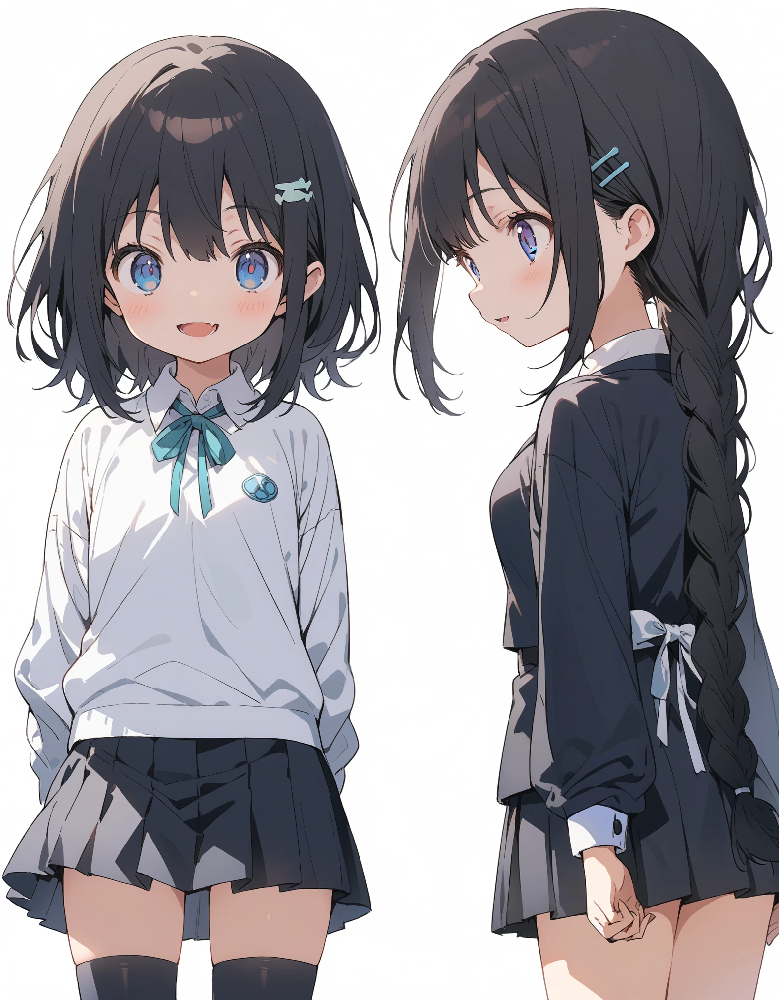 White background、Solid white background、Blank background、just standing girl, One Girl、arms behind back、Put your hands behind your back、Hide your hands、Ultra-high resolution, highest quality,fish-bone braid hair、Fishbone Hair、black hair、Upper body shot from the front,busty、beautiful detailed eyes、Black hair × Blue eyes、blue eyes、Open your mouth without showing your teeth、Smile with mouth wide open、 Black long sleeve blazer,Black pleated skirt、Knee-high socks、