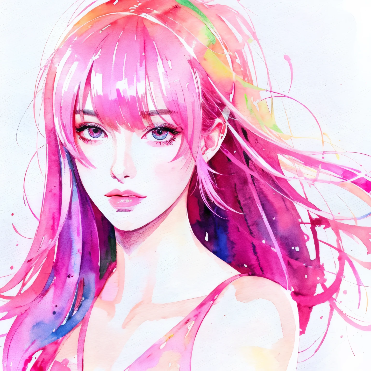 A fusion of watercolor and oil painting, highest quality, Hot pink artwork, White lineart, Beautiful woman self portrait, light up