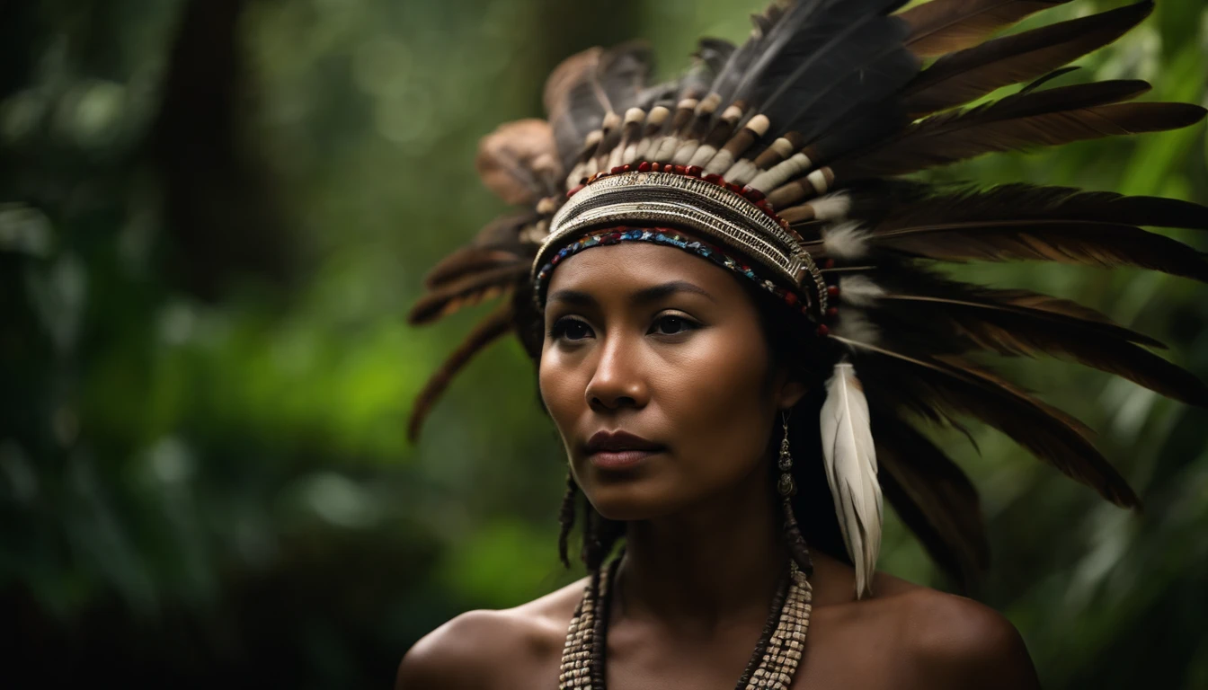 Dark skin Asian woman, indigenous to South America, feather headdress in the middle of the Atlantic forest