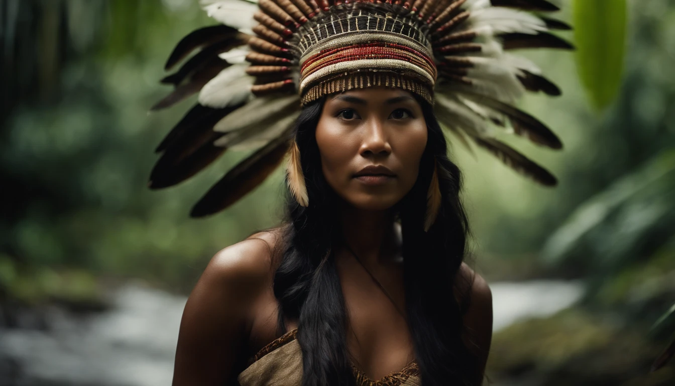 Dark skin Asian woman, indigenous to South America, feather headdress in the middle of the Atlantic forest