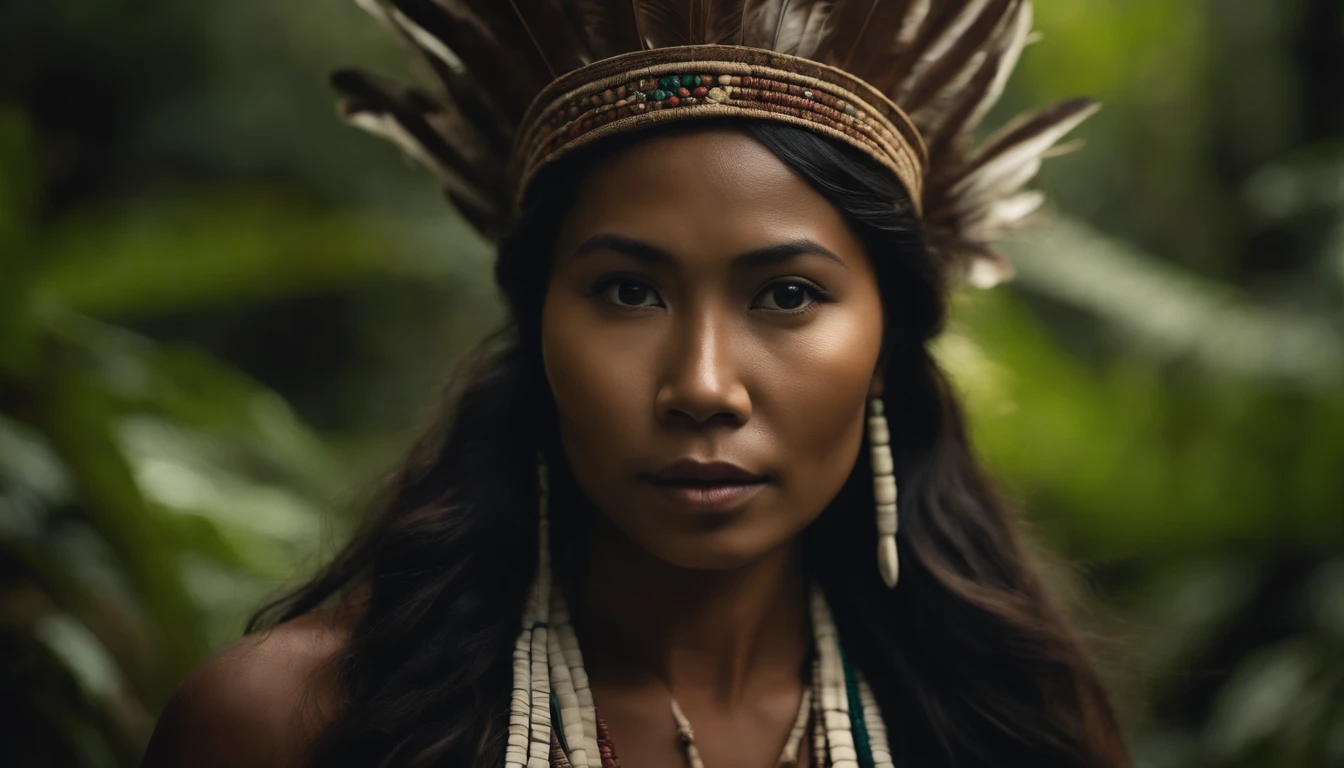 Dark skin Asian woman, indigenous to South America, feather headdress in the middle of the Atlantic forest