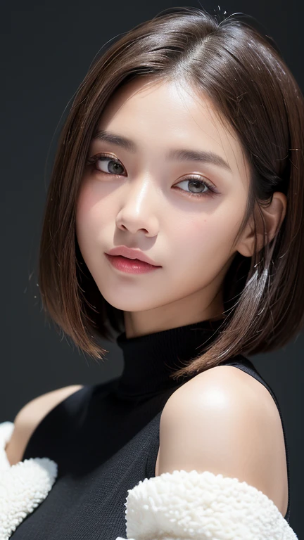 (((Close-up of face)))、(((Absolutely shoulder-length brown straight short bob)))、(((She is posing like a hair salon model, with a black wall indoors as the background.)))、(((Casual black winter long sleeves with shoulders covered)))、Half Japanese, half Korean、18 year old girl、Standing Alone、Looking forward、Light eye makeup、Brown Hair Color、Flat and 、Hair blowing in the wind、Actress Quality、Glossy, ultra-realistic face、Smiling face、Watery eyes、Gazing Up、Subtle lighting effects、 Ultra-Realistic Capture、Very detailed、High resolution 16K close up of human skin。Skin texture must be natural、The details must be such that pores can be clearly seen、The skin is healthy、Uniform tone、Use natural light and colors、A worn-out, high-quality photo taken by a model agency's in-house photographer.、smile、(((SIGMA 300 mm F/1.4,1/1000 sec shutter,ISO 400)))