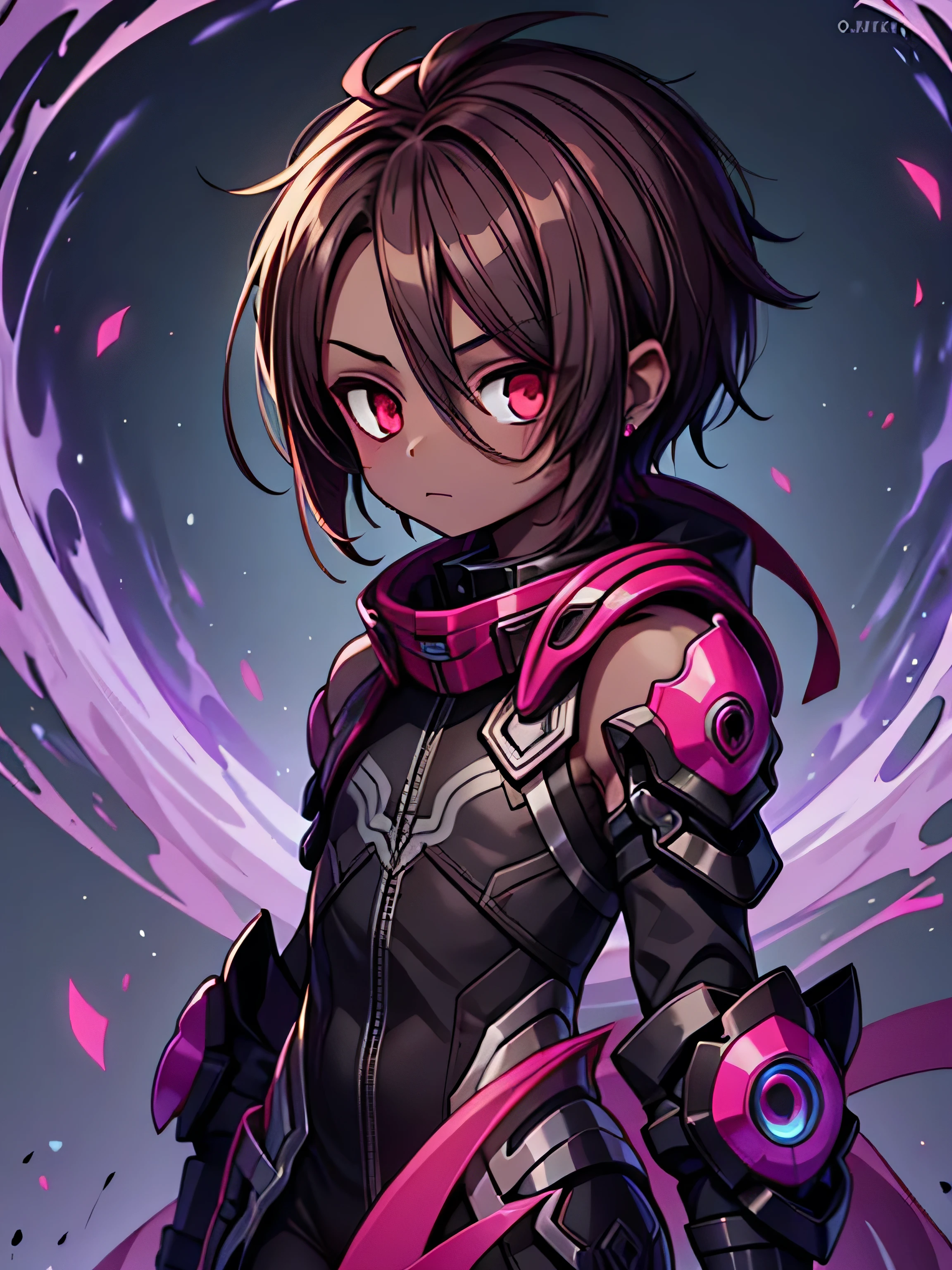 dark skin, male, medium dark brown hair, big red eyes and a very androgynous face, wearing black hightech armour sleeveless taimanin_ bodysuit