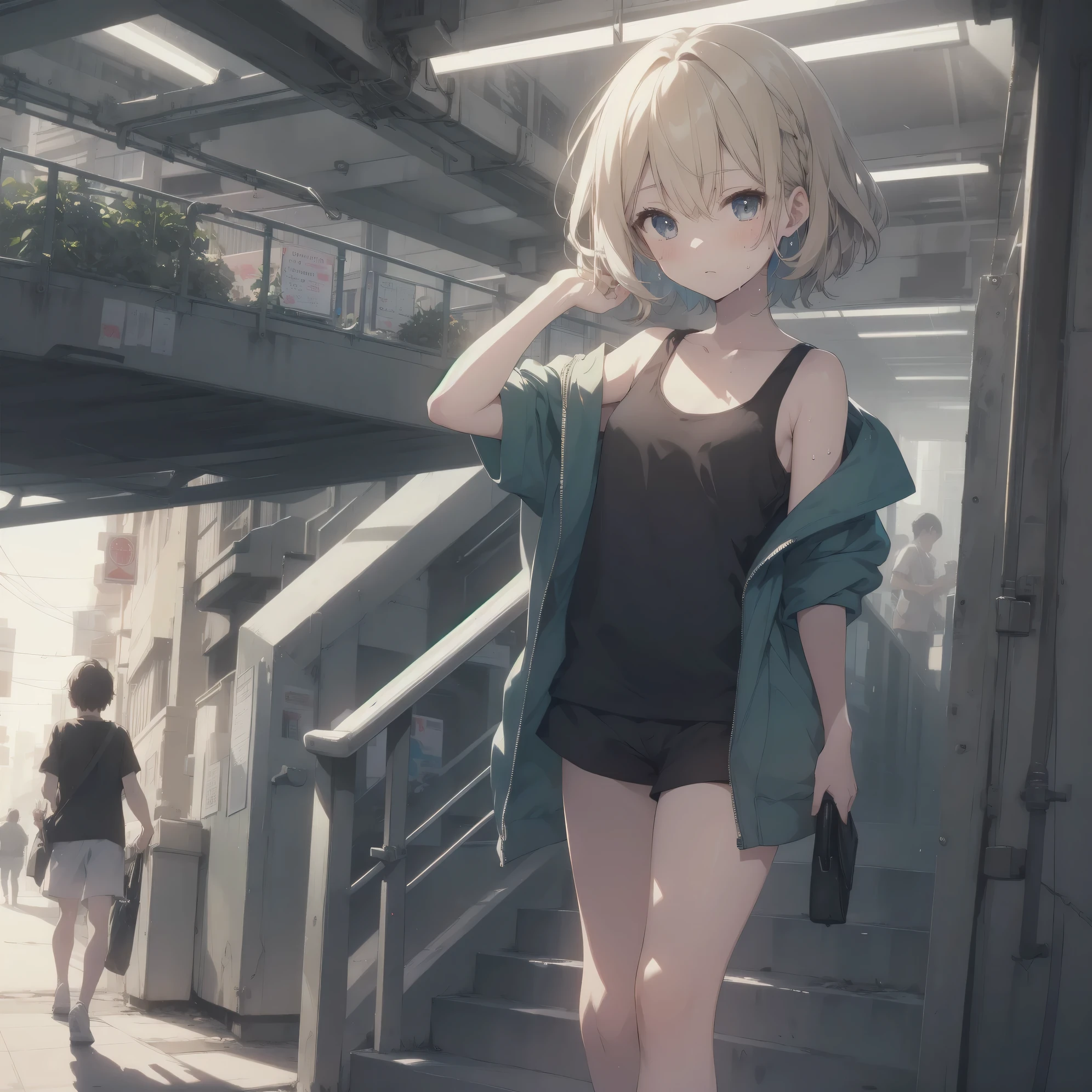 ultra-absurdres-Top quality by artist God, ultra-detailed, high resolution, anime moe artstyle, best anime 8k konachan wallpaper, pixiv contest winner, pool:2810, perfect anatomy,break, 1girl, (Solo,tomboy, 9-year-old:1.3),Full limbs, complete fingers,(very short hair), messy hair, sweat, flat chest, groin, small butt, small black eyes, beautiful detailed eyes, well-proportioned iris and pupils, expressive eyes, highres detailed hair, soft expression, tank top, short shorts, walking, sleepily, (Detailed Lighting), (Detailed background), in the School commute route. break,super detailed skin, Best cinematic lighting powered by famous artist, 8k,beauty illustration,photoshop_(medium),very aesthetic,break,((artist:beni_shake )), artist:bolze ,artist:oyari ashito ,artist:kantoku ,