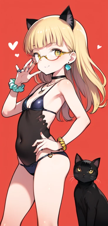 (8K, Best Quality, Ultra Detailliert, Highres, Absurdres, Perfect Anatomy:1.5, Masterpiece:1.5), (Strong Outline), (((1 Cute Girl))), (((perrine h. clostermann))), (((Yellow Eyes))), (((Black Glasses:1.5))), (((Long Long Hair:1.5, Bangs, Blust Bangs, Blonde Hair))), (((Black Cat Ears))), Black Cat Tail, (Slender Body, Dwarf:0.7), (((Small Breasts))), ((Big Hips:1.1)), (Smile:0.9), ((Blush:0.9)), (Grin:0.9), (Heart), (Sky Blue Bikini, Botanical Print), (Frills Choker, Wrist Scrunchie), (Earrings, Necklace, Ring, Anklet), from Behind, Booty pose, Looking at Viewer, (((Posed Photo:1.1))), (((Wide-Angle Photo:1.1))), (Simple BackGround, Simple Colour BackGround, Warm Colour BackGround), best hands, good hands