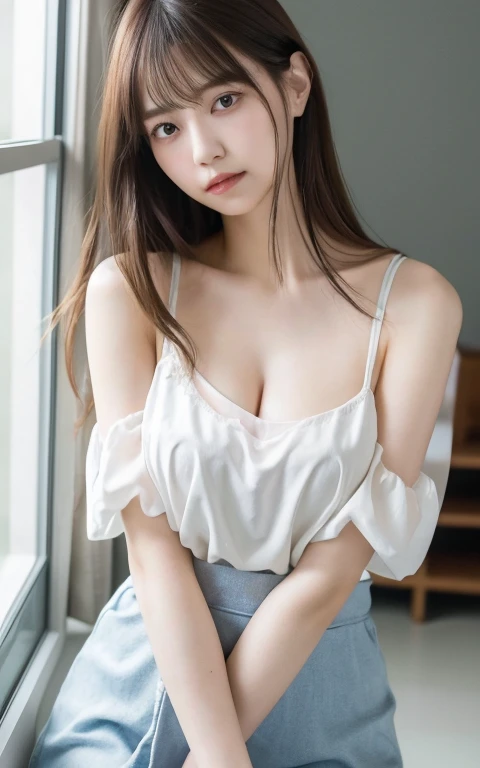 masterpiece, highest quality, 8k,Ultra-high resolution、Head to knee photo、 20th Generation, Large Breasts, cute, alone, sad, cute, Girlish, cute、Delicate girl, Pure beauty, RAW Photos, Professional photography, Soft Light, Professional Lighting, Backlight, avert your eyes, Sophisticated, Film Grain, (Eyes and facial details:1.0), Floating hair、Messy Hair、Wavy long hair、,Asymmetrical bangs, Round face、Young face、(A loose white see-through blouse)、(Large Breasts:1.u can see a little cleavage、The nipple protrusions are clearly visible、(Micro Mini Skirt(Sheer Color))、Voluptuous thighs、Translucent white skin、Dolly Makeup、(Odd Eye、The left and right eyes are different colors)