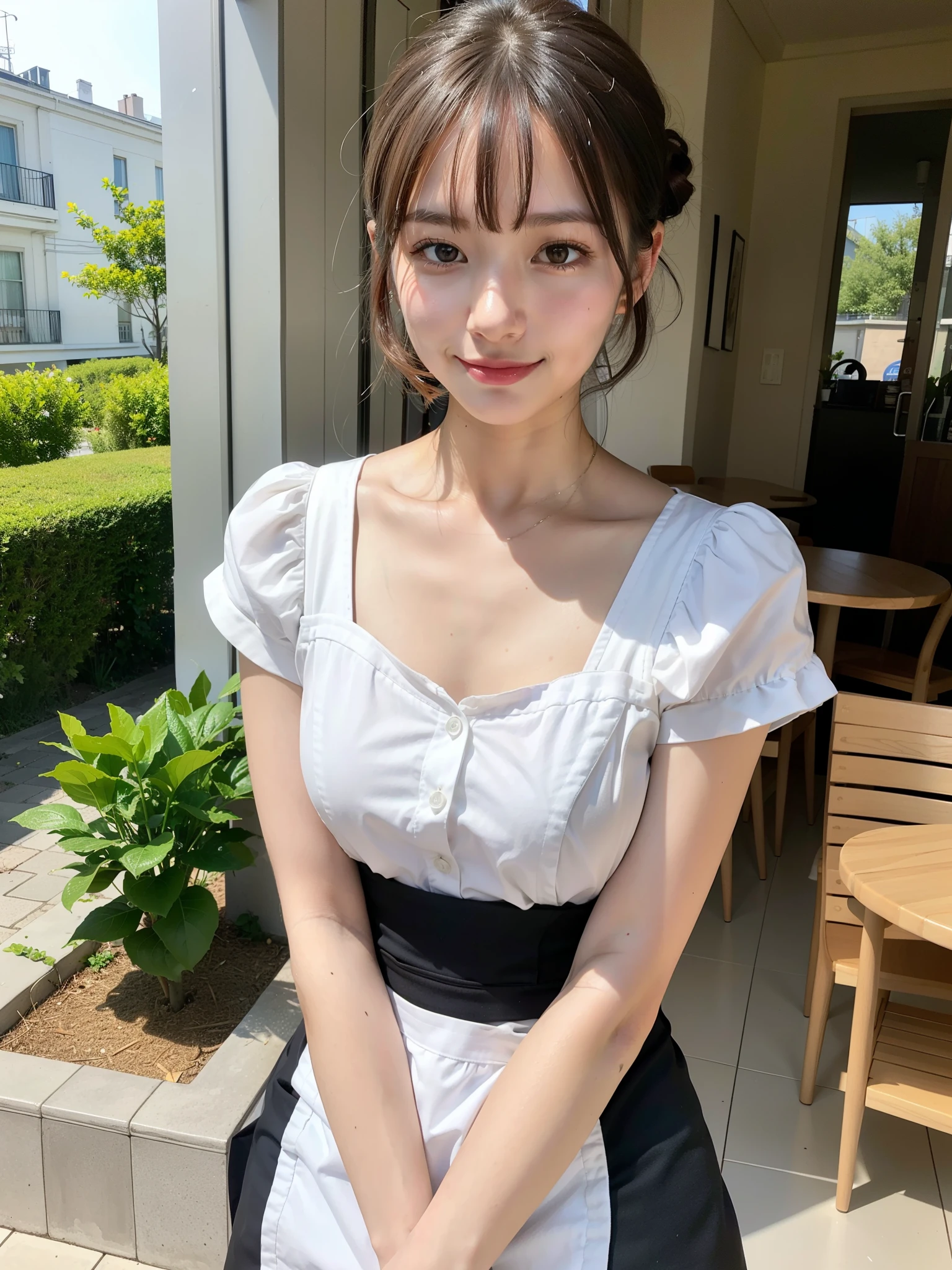 ((Best of the highest quality, 8k, Masterpiece: 1.3, raw photo)), Sharp focus: 1.2, (1 AESPA, slim body type female, 21 y/o: 1.1), (Solo: 1.2), (realistic, photo-realistic:1.37), face focus, cute face, finely eyes, (small breasts, flat chest, Thigh: 1.3), (short messy hair, bangs, updo: 1.28), (cafe waitress: 1.32), terrace dining, sun light, flower, (from below: 1.1)