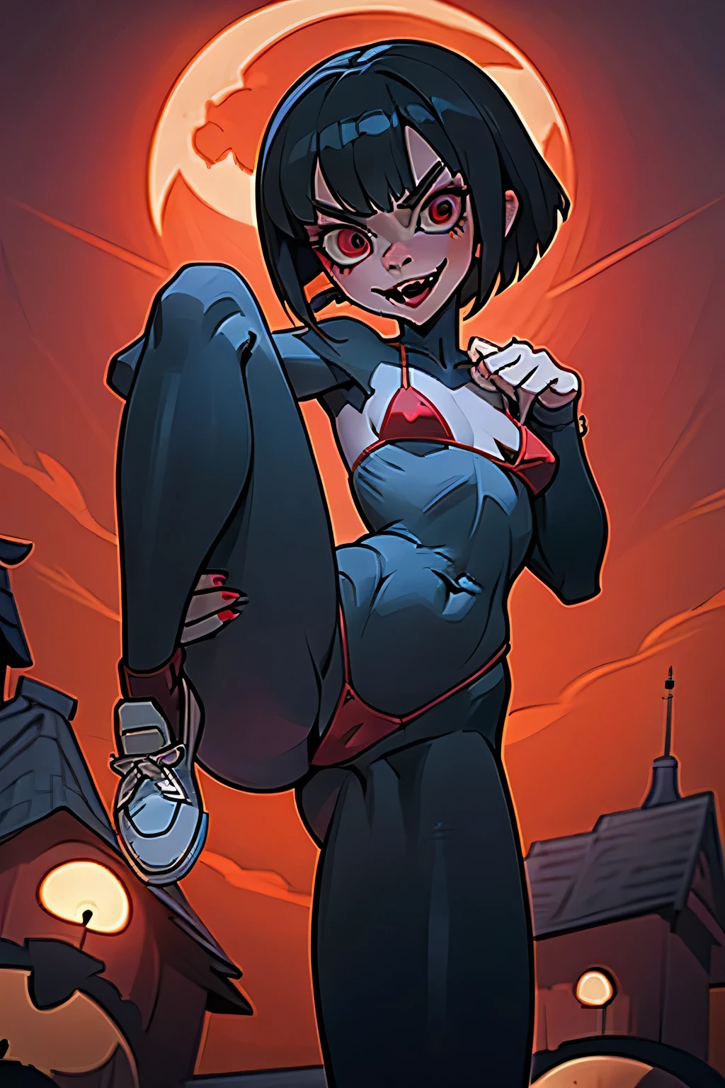 Mavis dracula, hotel transylvania, high detail, masterpiece, 8k, at the spooky castle,, poke, red sneakers, ( black micro bikini), pornographic, seductive posture, one leg up,