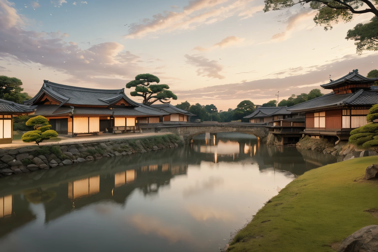 Landscape Photography,Ancient town in the evening,Small bridge,Creek,Riverside Residence,Light Lantern,Surrealism, high detail, Conceptual art, Ukiyo-e, backlighting, drop shadow, UHD, super detail, high quality