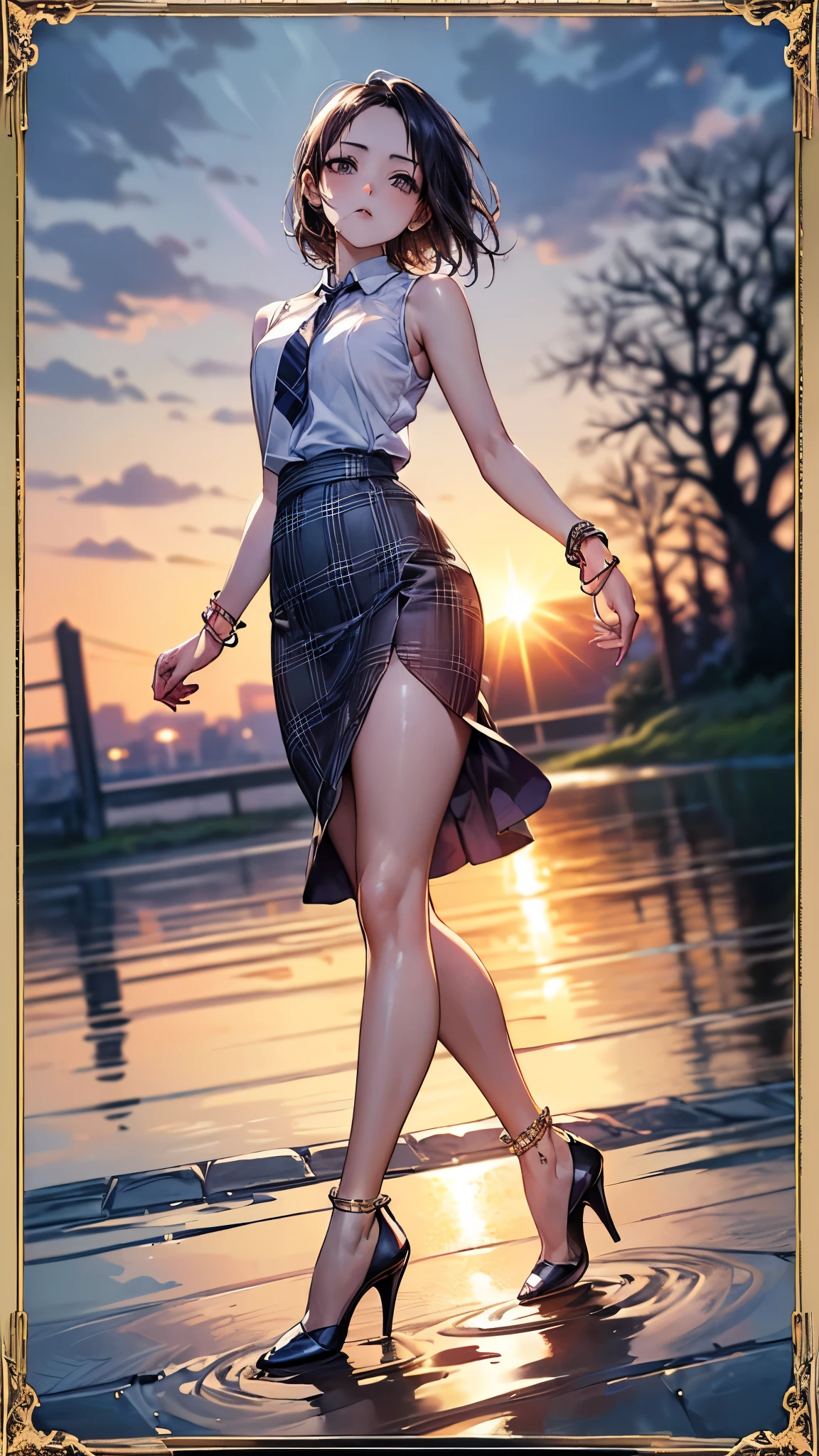 ((Biologically correct limb count))、(( whole body including face))、4K、Masterpiece、((Focus on the face))、((Symmetrical, well-proportioned facial features))、Eyes with delicate depictions、(((1 person)))、Beautiful woman、Outstanding style、Slender Body、(((High heels with anklets、Shiny Stockings Sleeveless、Checked skirt)))、tie、(((White frame photo、white frame photo)))、((Looking up))、Expressionless、(((Riverside、Stand on the surface of the water)))、Close-up photo of the upper body、High angle、dawn、rain、((A backlit photo with the sun in the background))