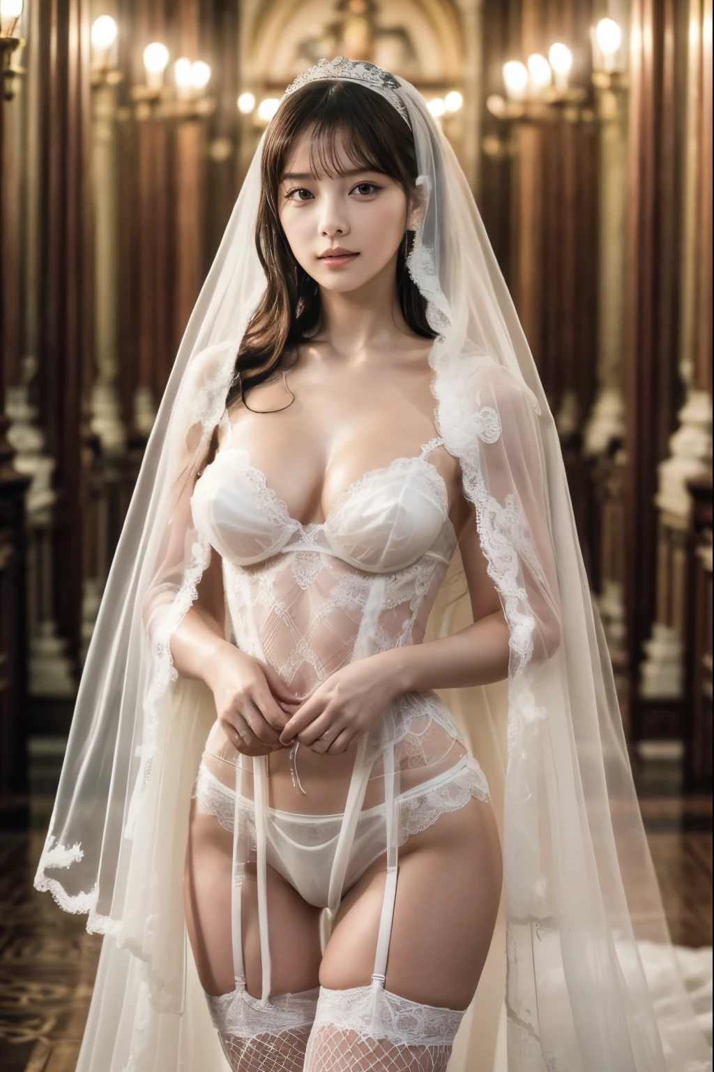 naked bride." Figure, big breasts, Beautiful nipples, the perfect body, Full body , wedding ceremony in a church, (((plenty of attendees behind her.))). (((white transparent wedding dress, cape, veil, loose white corset, transparent micro panties, transparent micro bra, and fishnet stockings.))) . thick pubic hair. ,(Best Quality, 4K, 8K, High resolution, masutepiece:1.2), Ultra-detailed, (Realistic, Photorealistic, Photorealsitic:1.37), royal, Captivating, (Vibrant colors, sharp chest:1.1), Soft lighting"Writhing expression. the most beautiful woman in the city.