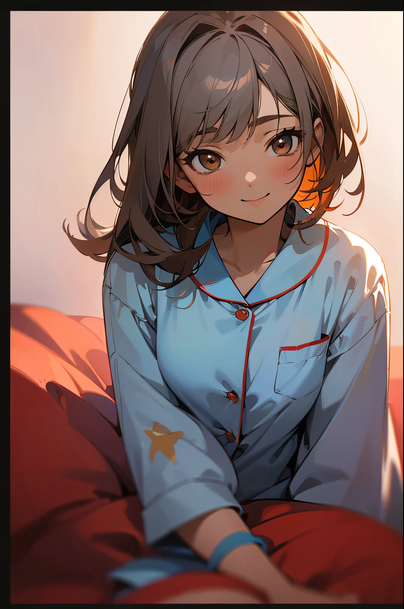 18-year-old girl sitting on bed、alone、Anime style painting、Wearing pajamas、Brown Skin、Gray Hair、Beautiful brown eyes、smile、smile、The soft texture of pajamas、Upper body close-up、Red and blue based colors、Background Blur、Depth of the drawn border