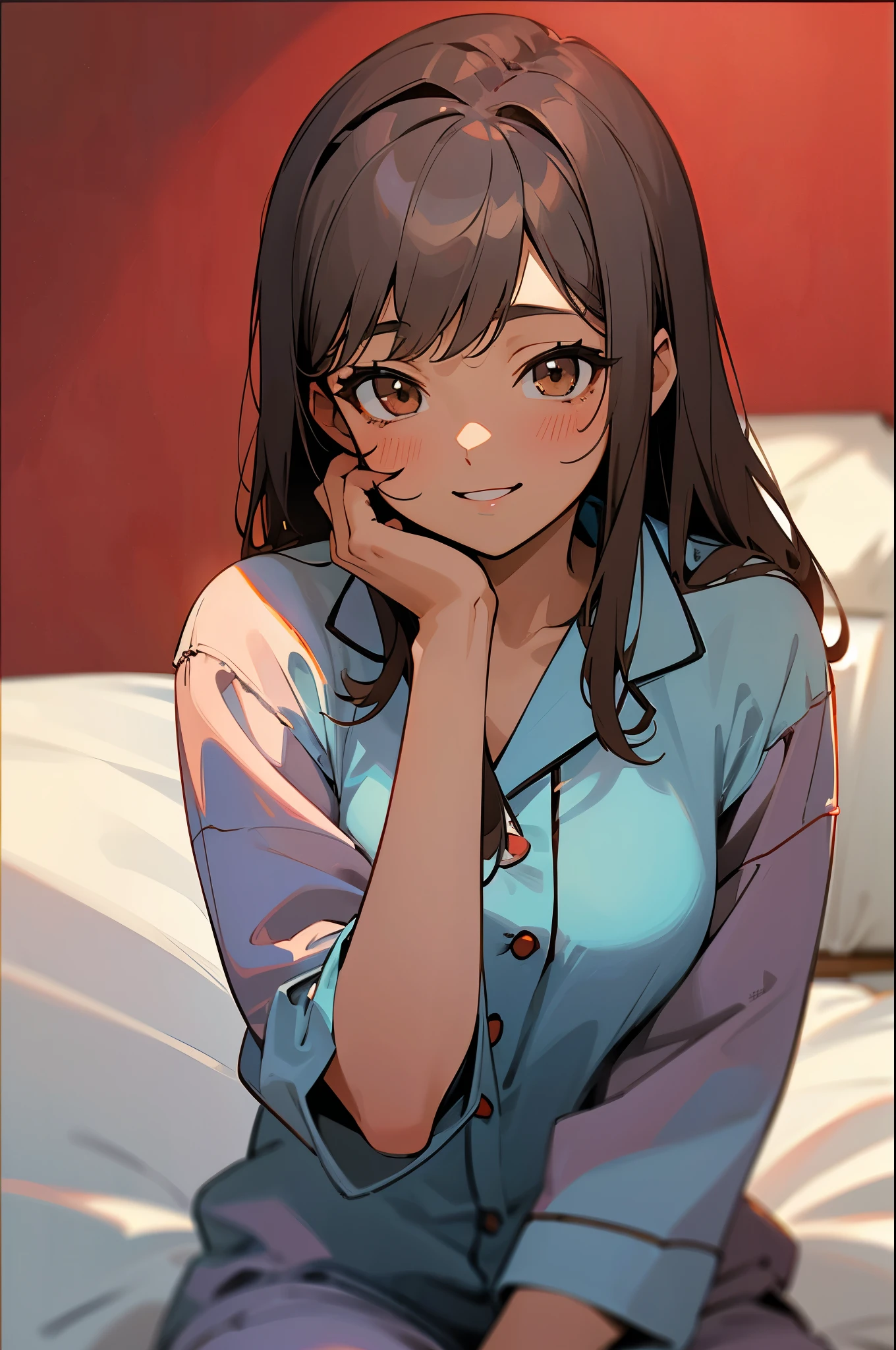 18-year-old girl sitting on bed、alone、Anime style painting、Wearing pajamas、Brown Skin、Gray Hair、Beautiful brown eyes、smile、smile、The soft texture of pajamas、Upper body close-up、Red and blue based colors、Background Blur、Depth of the drawn border