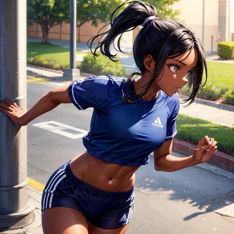 Dark skinned girl athletic uniform ponytail
