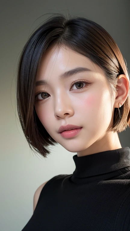 (((Close-up of face)))、(((Absolutely shoulder-length brown straight short bob)))、(((She is posing like a hair salon model, with a black wall indoors as the background.)))、(((Casual black winter long sleeves with shoulders covered)))、Half Japanese, half Korean、18 year old girl、Standing Alone、Looking forward、Light eye makeup、Brown Hair Color、Flat and 、Hair blowing in the wind、Actress Quality、Glossy, ultra-realistic face、Smiling face、Watery eyes、Gazing Up、Subtle lighting effects、 Ultra-Realistic Capture、Very detailed、High resolution 16K close up of human skin。Skin texture must be natural、The details must be such that pores can be clearly seen、The skin is healthy、Uniform tone、Use natural light and colors、A worn-out, high-quality photo taken by a model agency&#39;s in-house photographer.、smile、(((SIGMA 300 mm F/1.4,1/1000 sec shutter,ISO 400))) 