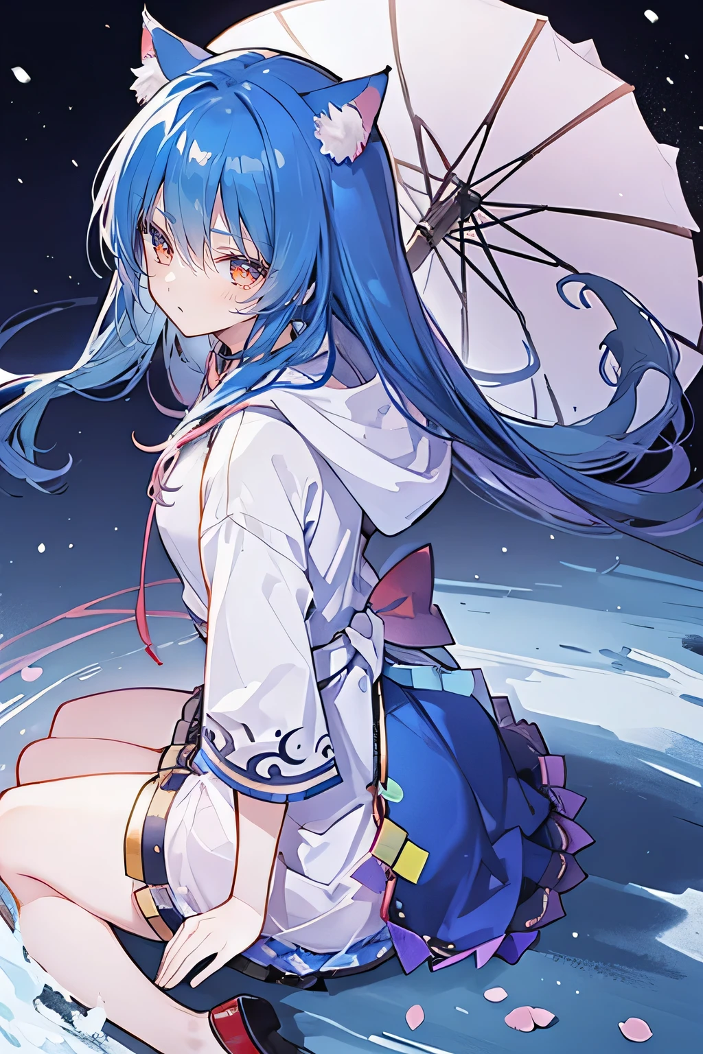 （masterpiece：1.2），Super detailed，lifelike，Expressive eyes，fair skin，perfect face shape，1 girl，
Japanese comics,Gorgeous blue hair,flowing blue hair,flowing clothes,Cat ears,Petals fall,beautiful lola,Baby Angel,
Shaking head with one hand，Cross your legs，Gentle and peaceful background，The pavilion is cool and comfortable,smile, wearing hoodie, background of tokyo,back views,snowing, winter.