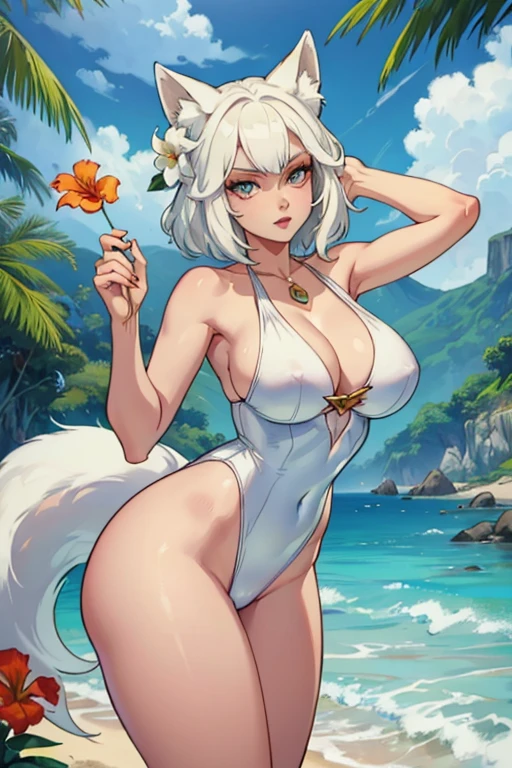 A white haired woman with copper eyes with an hourglass figure with white fox ears and a white fox tail wearing a one piece swimsuit is picking a tropical flower at the beach