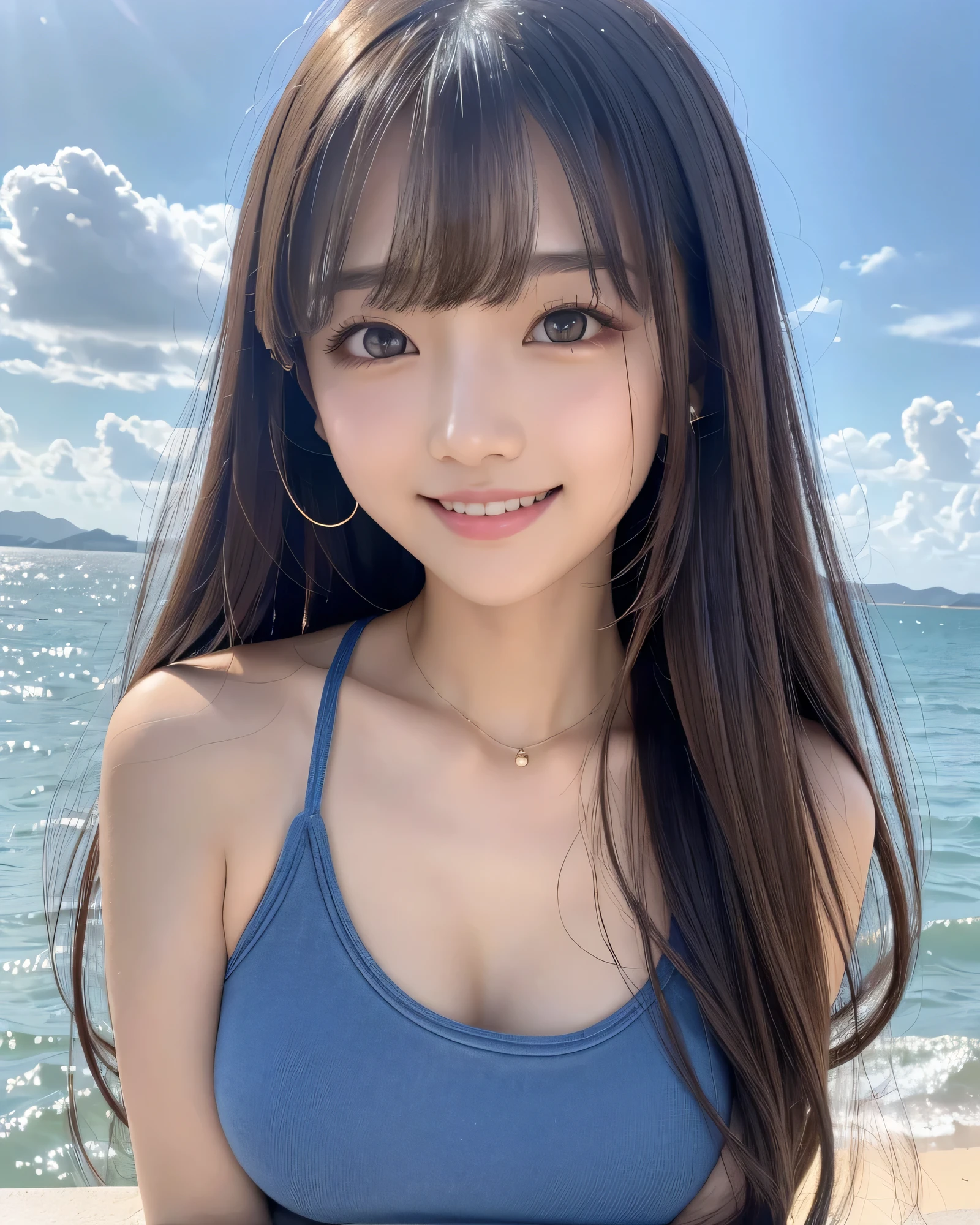 (highest quality, 32k, High resolution, masterpiece:1.5, ), Transparent air, The brilliance of youth, An award-winning masterpiece with incredible detail, Beautiful Japanese Girls, An exceptionally beautiful face, Shiny brown hair, ((Beautifully groomed long hair)), Asymmetrical bangs, Hair between the eyes, Beautifully trimmed, thin eyebrows, Magical big eyes, Moist black eyes, Clear double eyelids, smooth and transparent skin, Pale pink lips, Natural Makeup, Rich expression of emotions, (fleeting smile:1.4), (Black tank top), Denim shorts, High resolution perfect collarbone, High resolution beautiful bust, High resolutionの美しい太もも, (whole body:1.3), Parks by the sea, Beautiful, clear blue sea stretches to the horizon, Dazzling summer sunset, detailed blue sky, Professional Lighting, Professional Photographer, Professional models