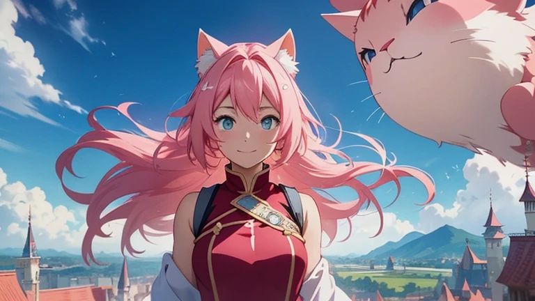 Anime girl with pink hair and cat ears, gazing at the horizon with a radiant smile, as a floating castle and distant people with extraordinary powers dot the landscape in this panoramic 4k image. Her happy expression never wavers as she opens her captivating, big eyes, revealing a world of wonder. The katana at her anime waist gleams in the distance, a testament to her strength and determination. Anime, anime!!!

Detailed description:
In this breathtaking, 4k animation scene, a kawaii anime girl with soft pink hair and charming cat ears gazes dreamily at the horizon, where a majestic floating castle emerges amidst a backdrop of