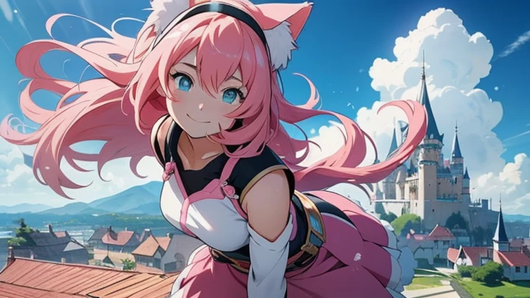 Anime girl with pink hair and cat ears, gazing at the horizon with a radiant smile, as a floating castle and distant people with extraordinary powers dot the landscape in this panoramic 4k image. Her happy expression never wavers as she opens her captivating, big eyes, revealing a world of wonder. The katana at her anime waist gleams in the distance, a testament to her strength and determination. Anime, anime!!!
Detailed description:
In this breathtaking, 4k animation scene, a kawaii anime girl with soft pink hair and charming cat ears gazes dreamily at the horizon, where a majestic floating castle emerges amidst a backdrop of
