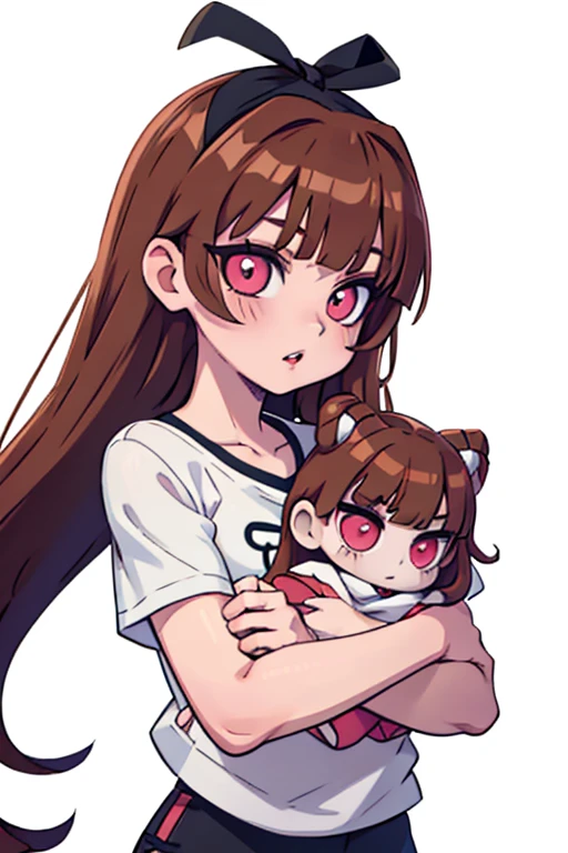 anime doll, long light brown hair, ojos color cafe claro, labios delgados y rostro fino pero con cachetes, camiseta color blanco con dibujito rosado. ESTILO ANIME