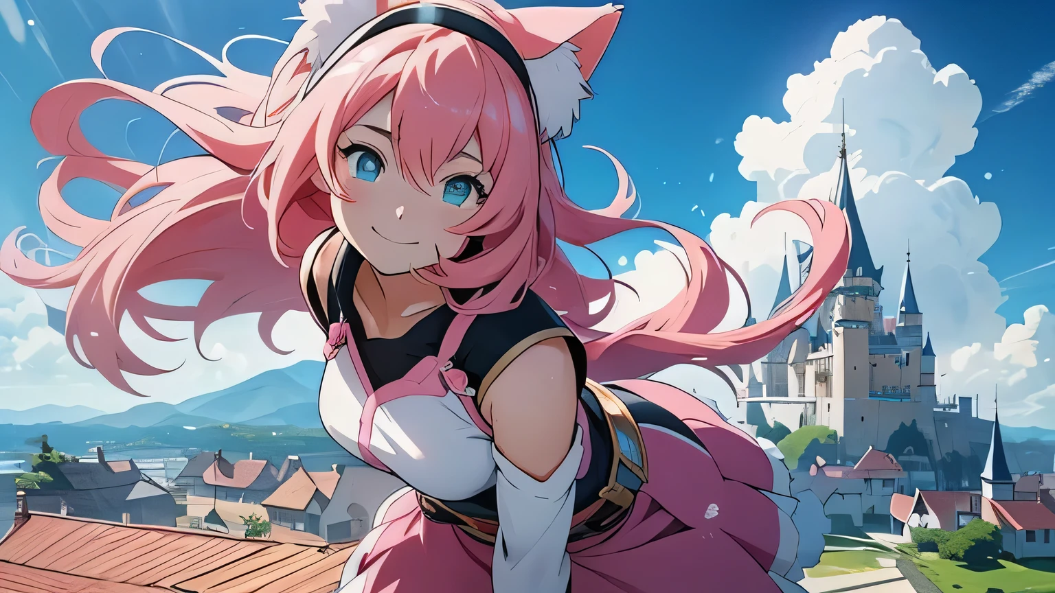 Anime girl with pink hair and cat ears, gazing at the horizon with a radiant smile, as a floating castle and distant people with extraordinary powers dot the landscape in this panoramic 4k image. Her happy expression never wavers as she opens her captivating, big eyes, revealing a world of wonder. The katana at her anime waist gleams in the distance, a testament to her strength and determination. Anime, anime!!!

Detailed description:
In this breathtaking, 4k animation scene, a kawaii anime girl with soft pink hair and charming cat ears gazes dreamily at the horizon, where a majestic floating castle emerges amidst a backdrop of